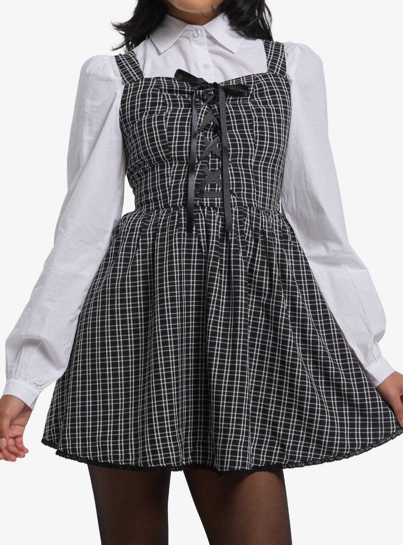 Black Plaid & White Woven Twofer Dress - White - Medium