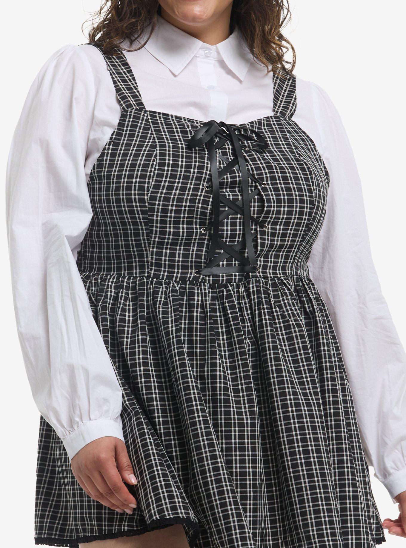 Black Plaid & White Woven Twofer Dress Plus Size, , hi-res