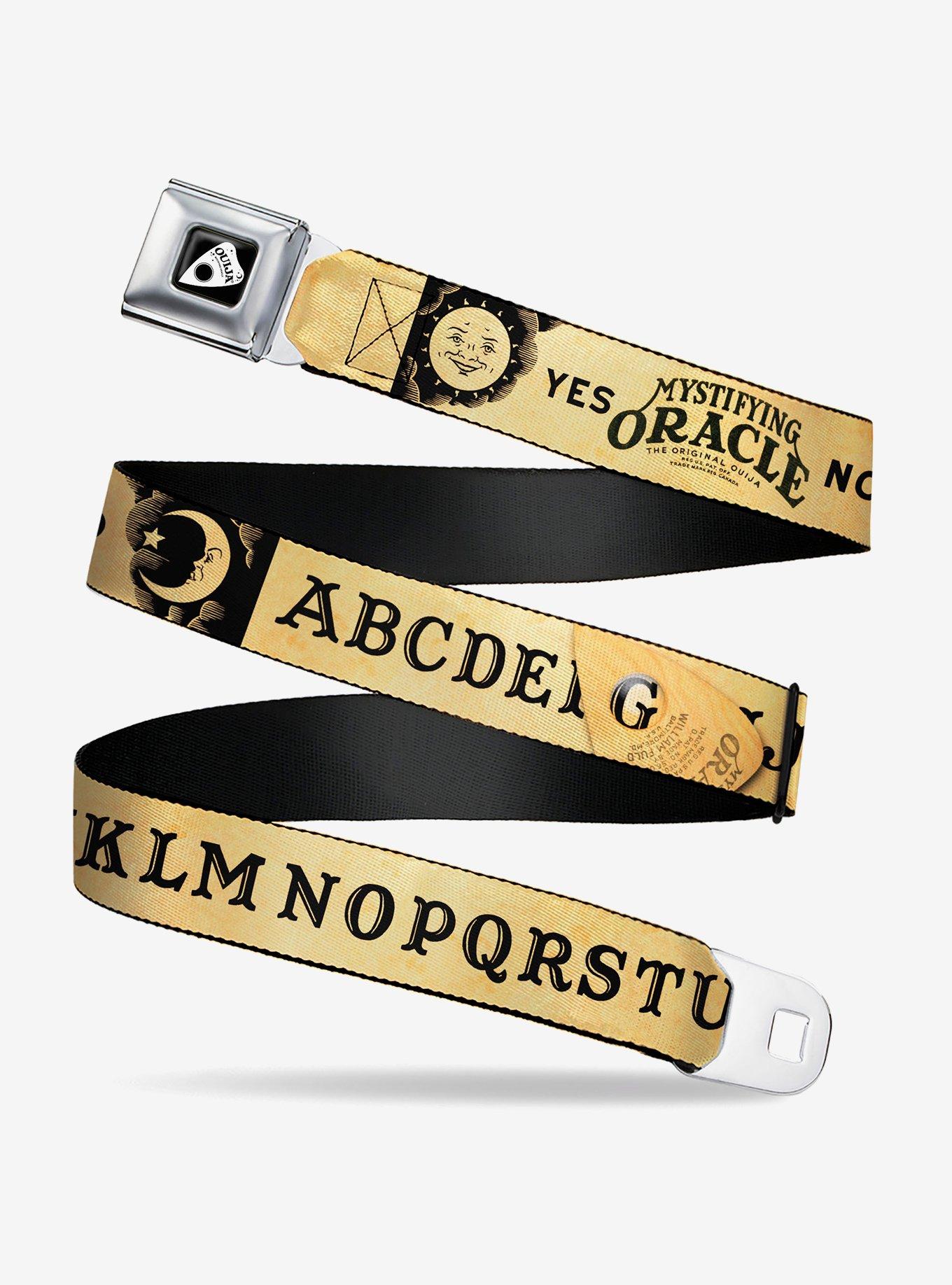 Ouija Board Letters and Elements Tan Black Seatbelt Buckle Belt, , hi-res