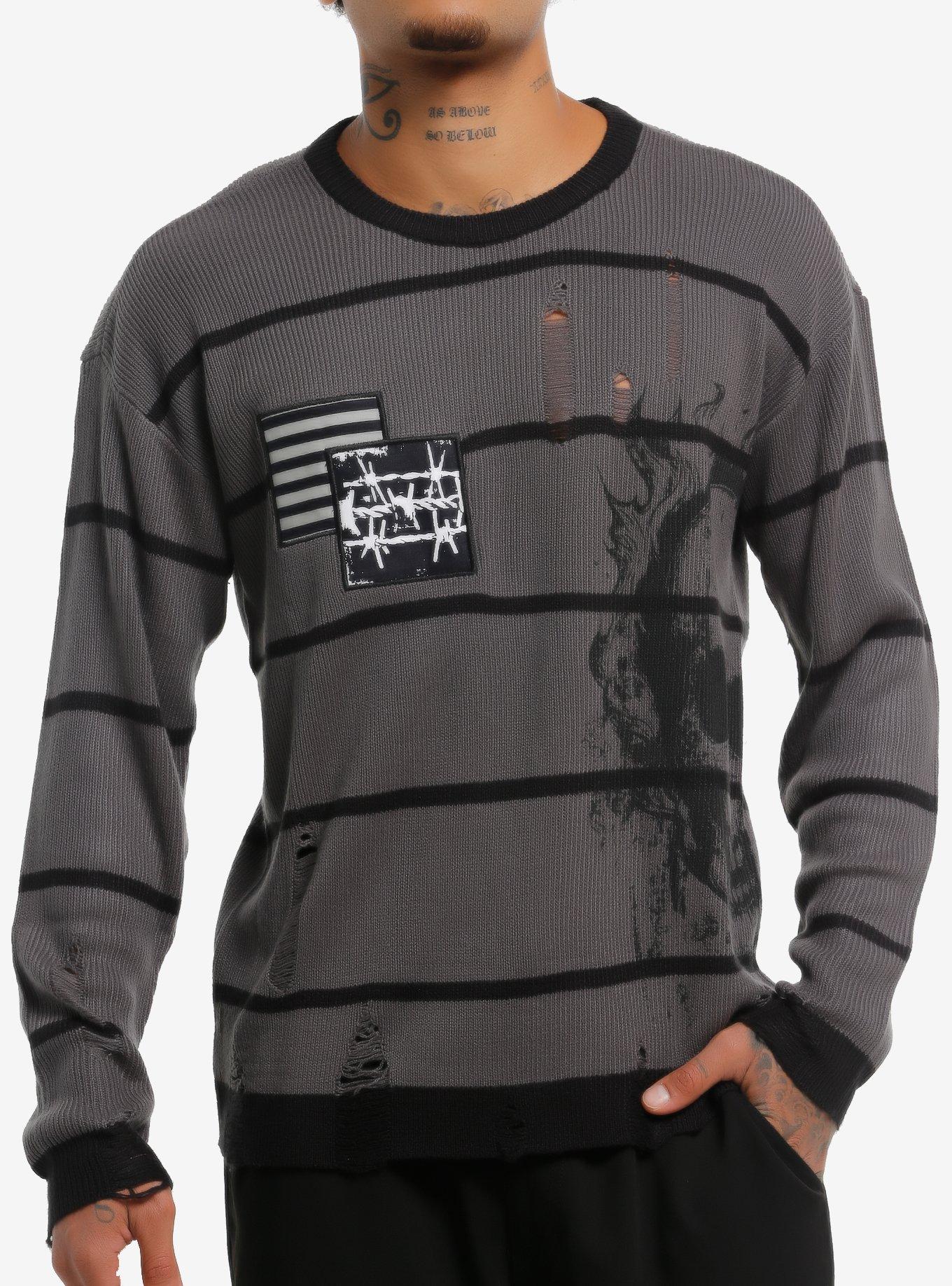 Skull & Rib Cage Grey & Black Stripe Sweater, , hi-res