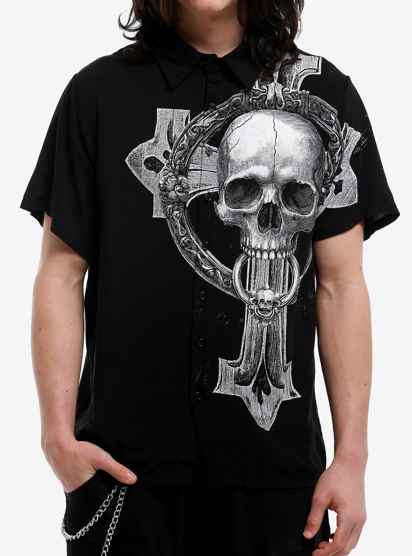 Black & White Cross Skull Woven Button-Up, , hi-res