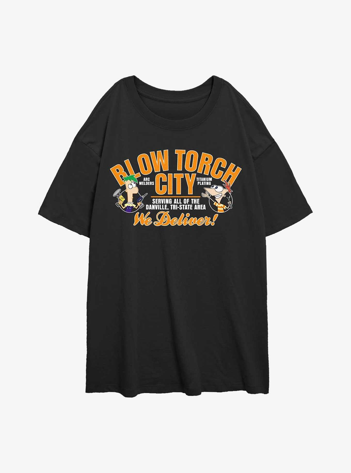 Phineas And Ferb Blow Torch City Girls Oversized T-Shirt, BLACK, hi-res