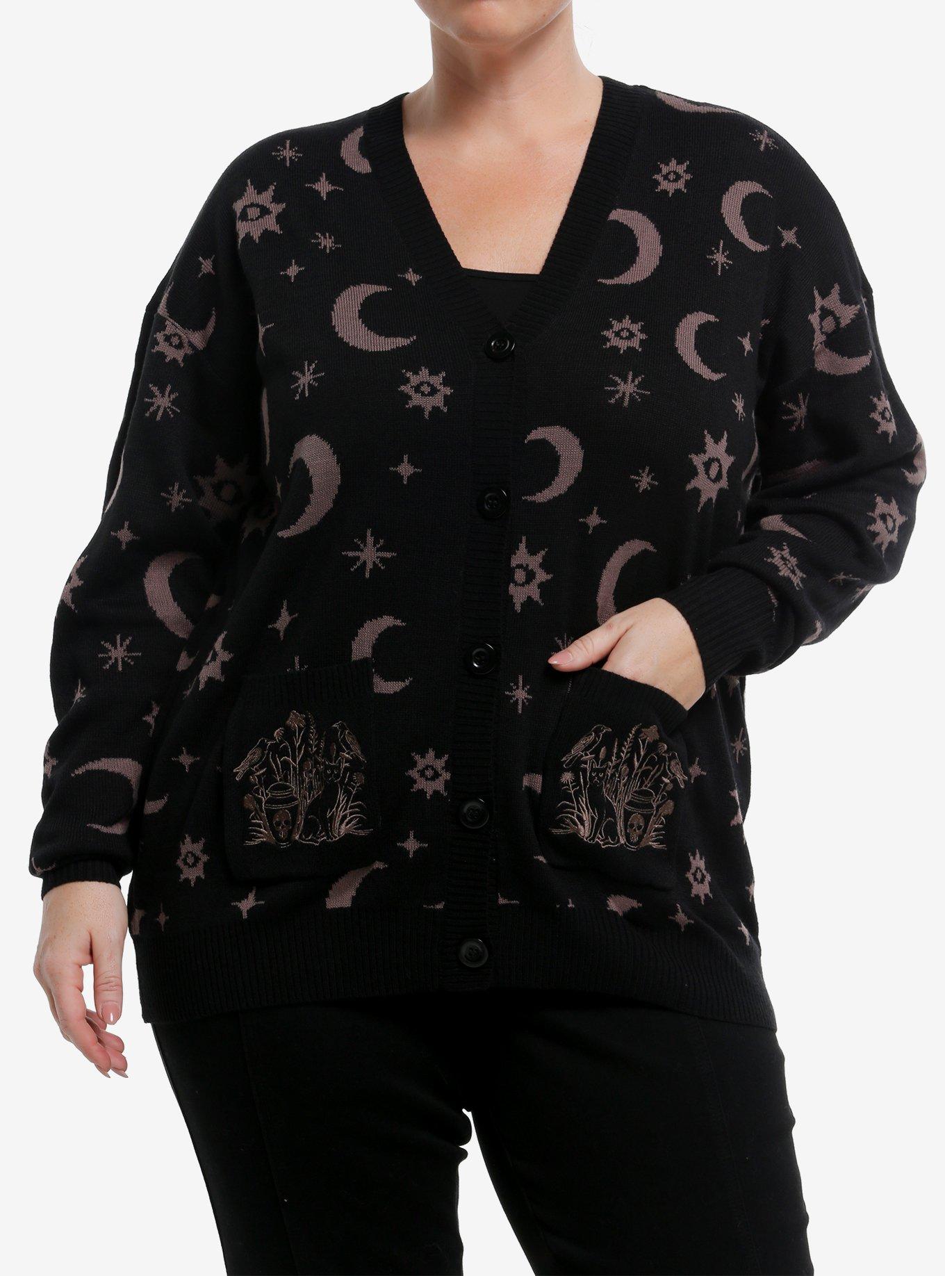 COSMICAURA Cosmic Aura Crescent Moon Embroidered Pocket Girls Cardigan Plus Size
