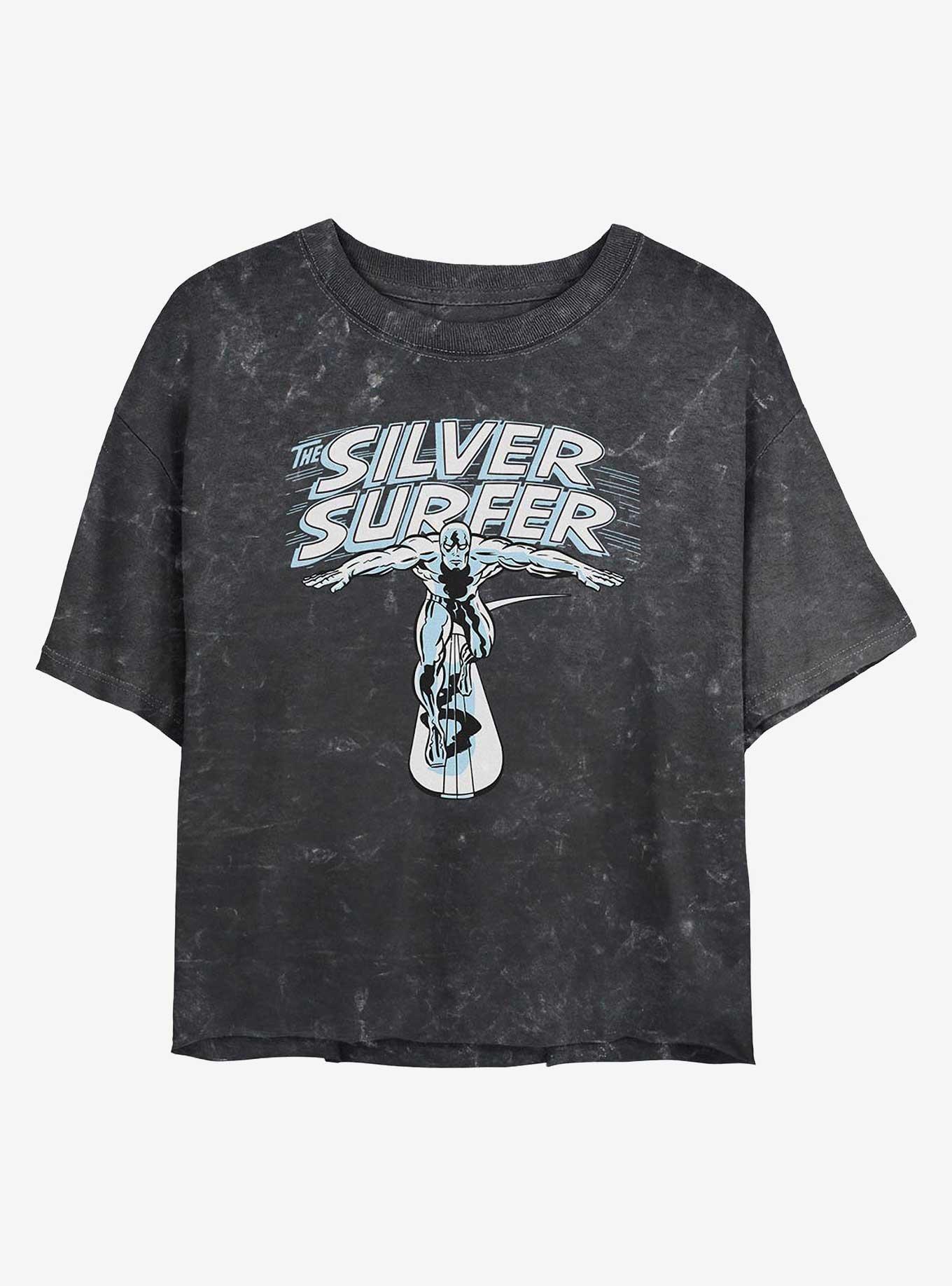 Marvel Fantastic Four Silver Surfer Wordmark Girls Mineral Wash Crop T-Shirt, BLACK, hi-res
