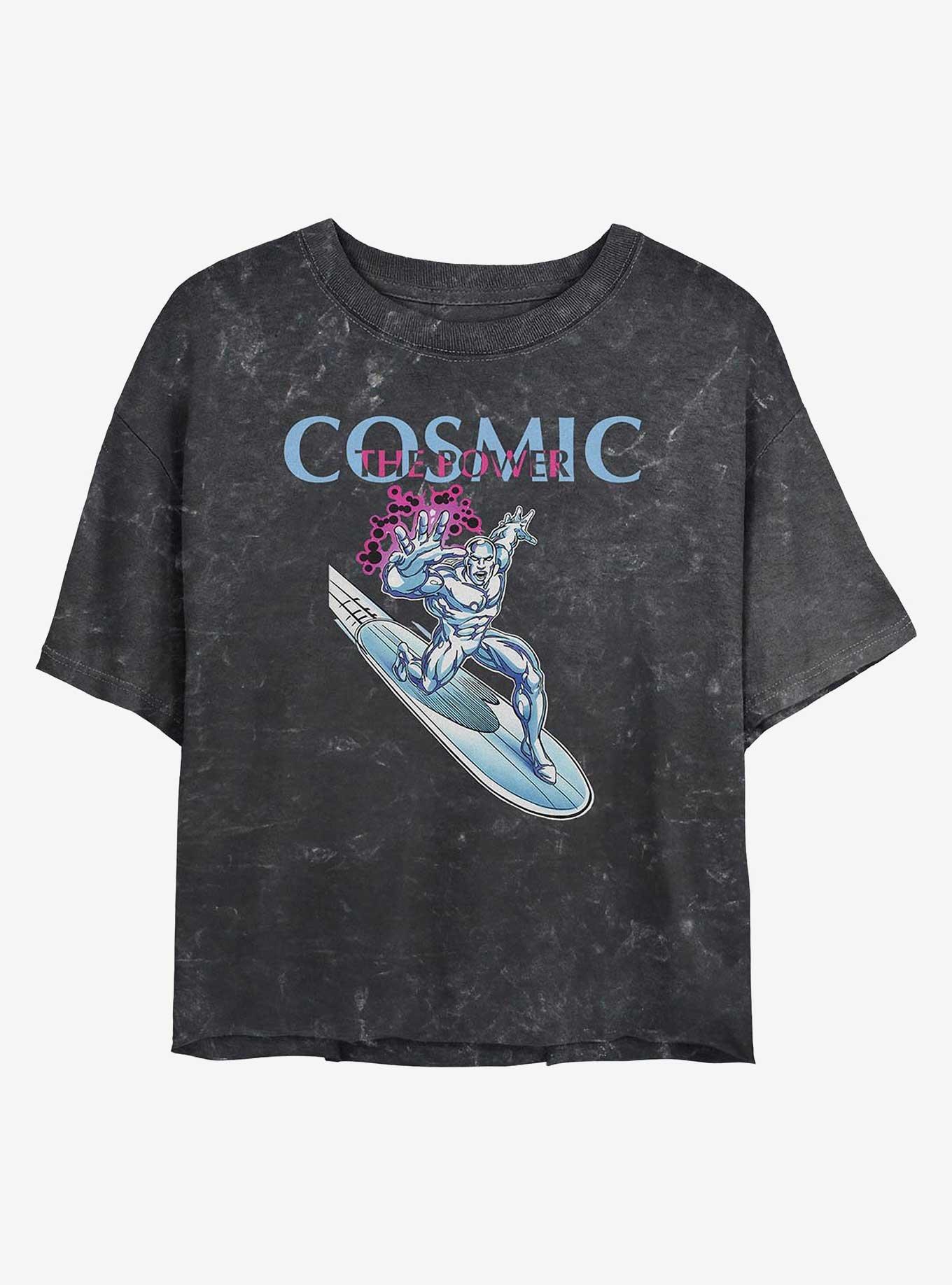 Marvel Fantastic Four Cosmic Silver Surfer Girls Mineral Wash Crop T-Shirt, BLACK, hi-res