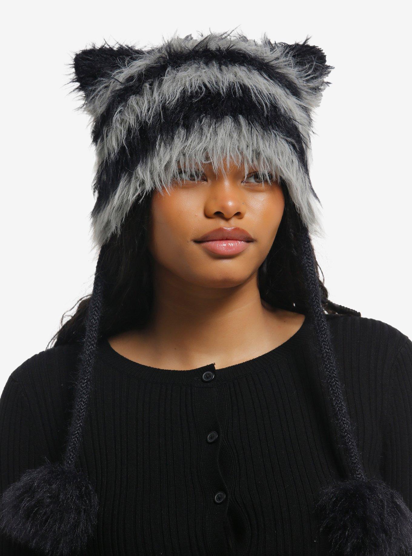 Black & Grey Stripe Fuzzy Ears Tassel Beanie, , hi-res