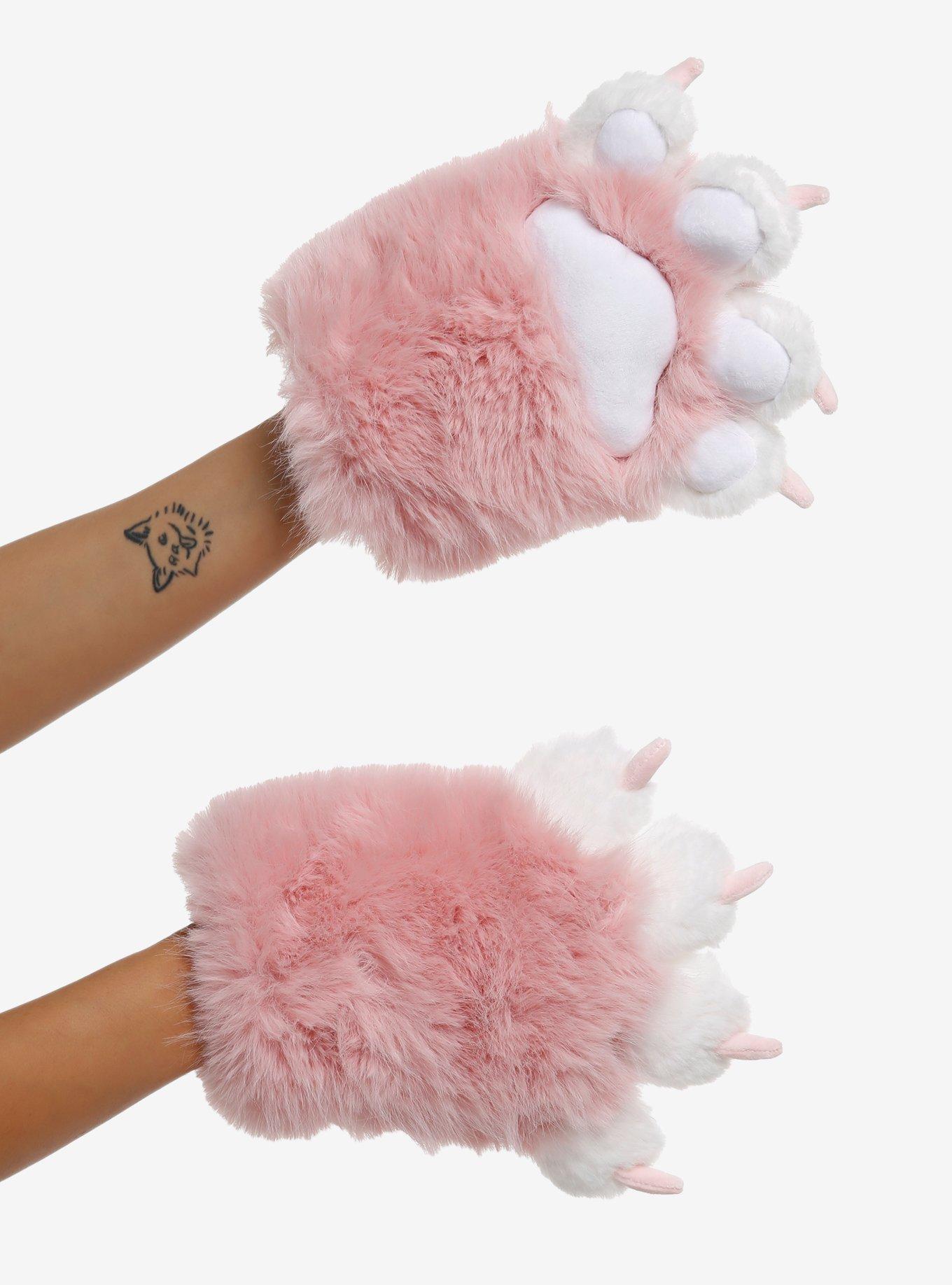Pink & White Fuzzy Cat Paw Gloves, , hi-res