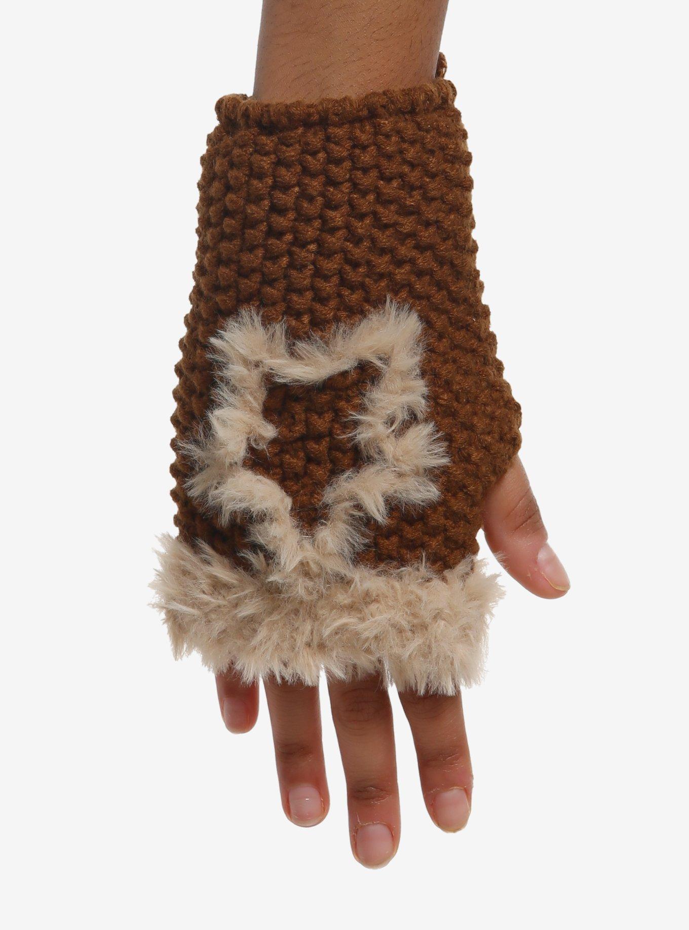 Brown Fur Star Knit Short Fingerless Gloves | Hot Topic