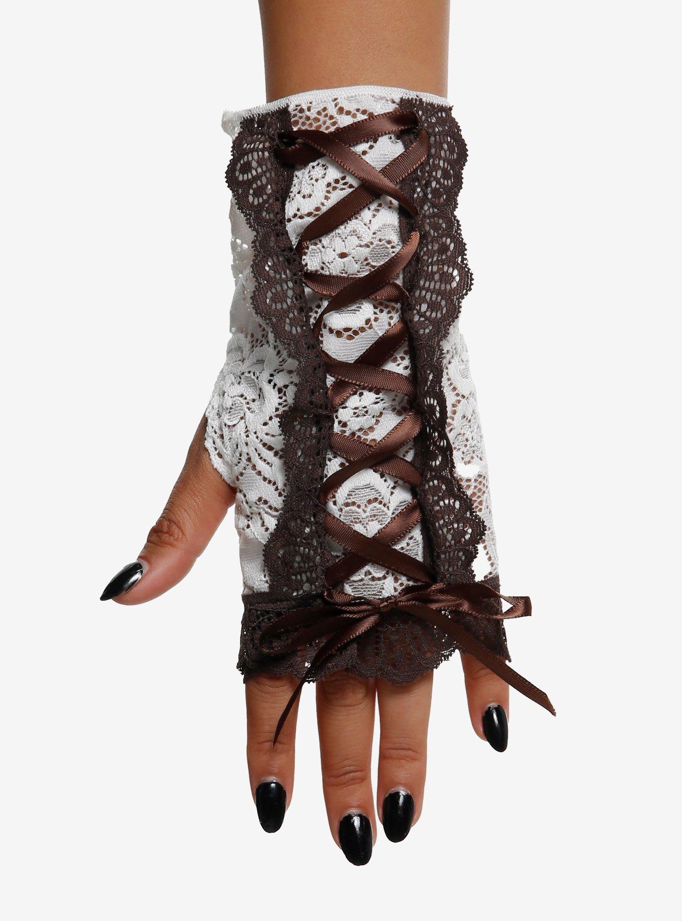 Brown & White Lace Fingerless Gloves, , hi-res