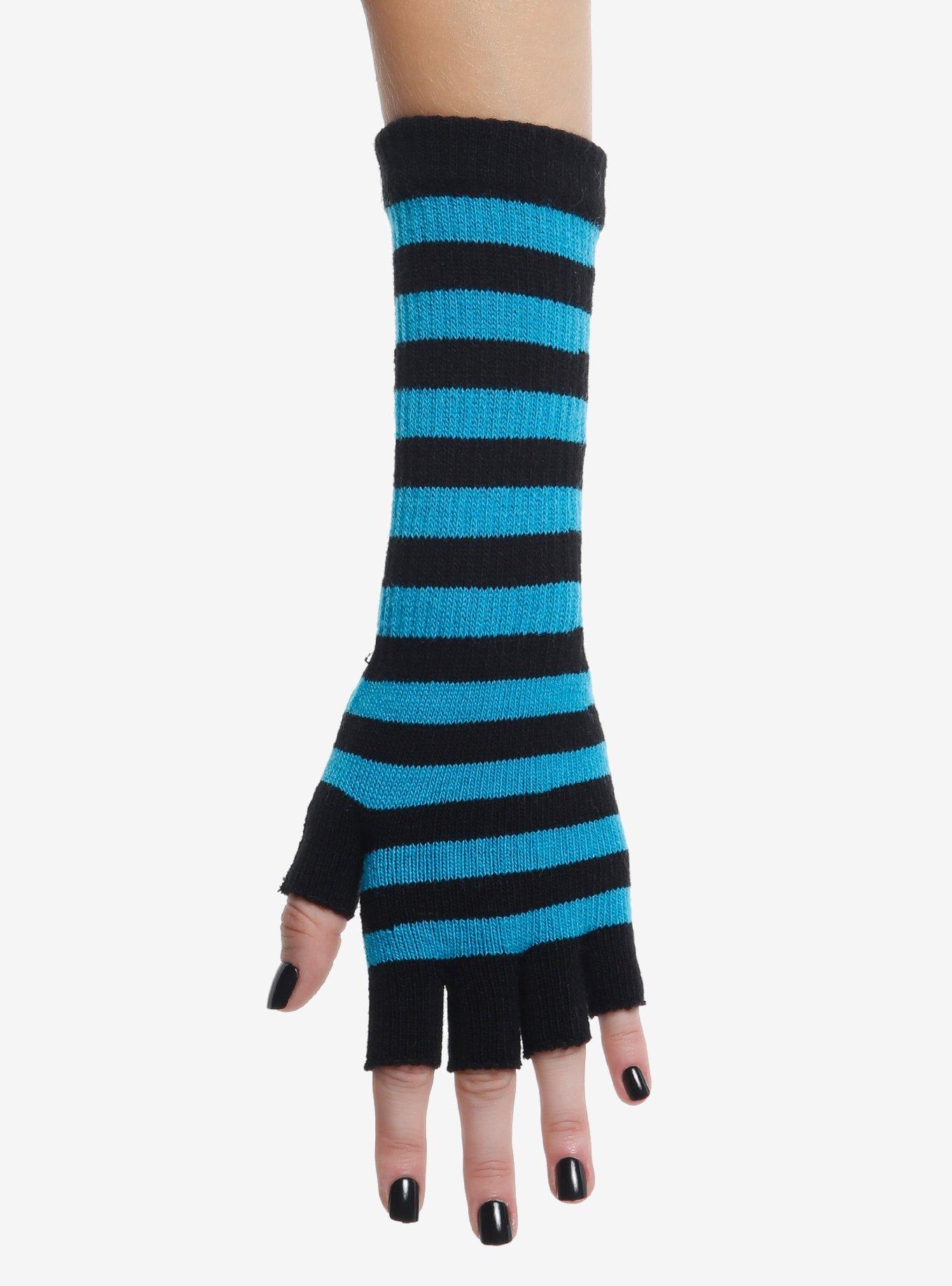 Teal & Black Stripe Fingerless Gloves, , hi-res