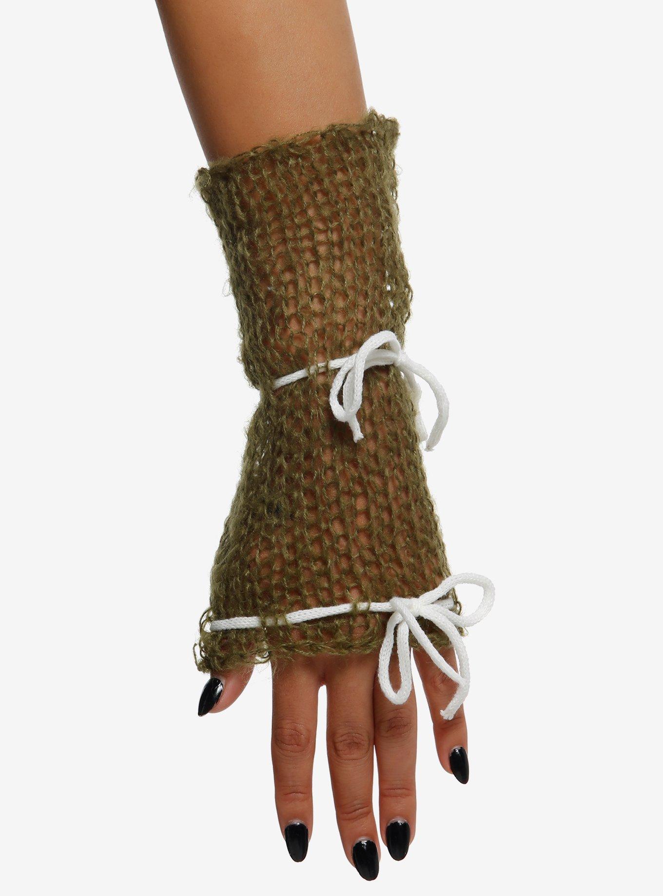 Green Faux Mohair Lace-Up Arm Warmers, , hi-res
