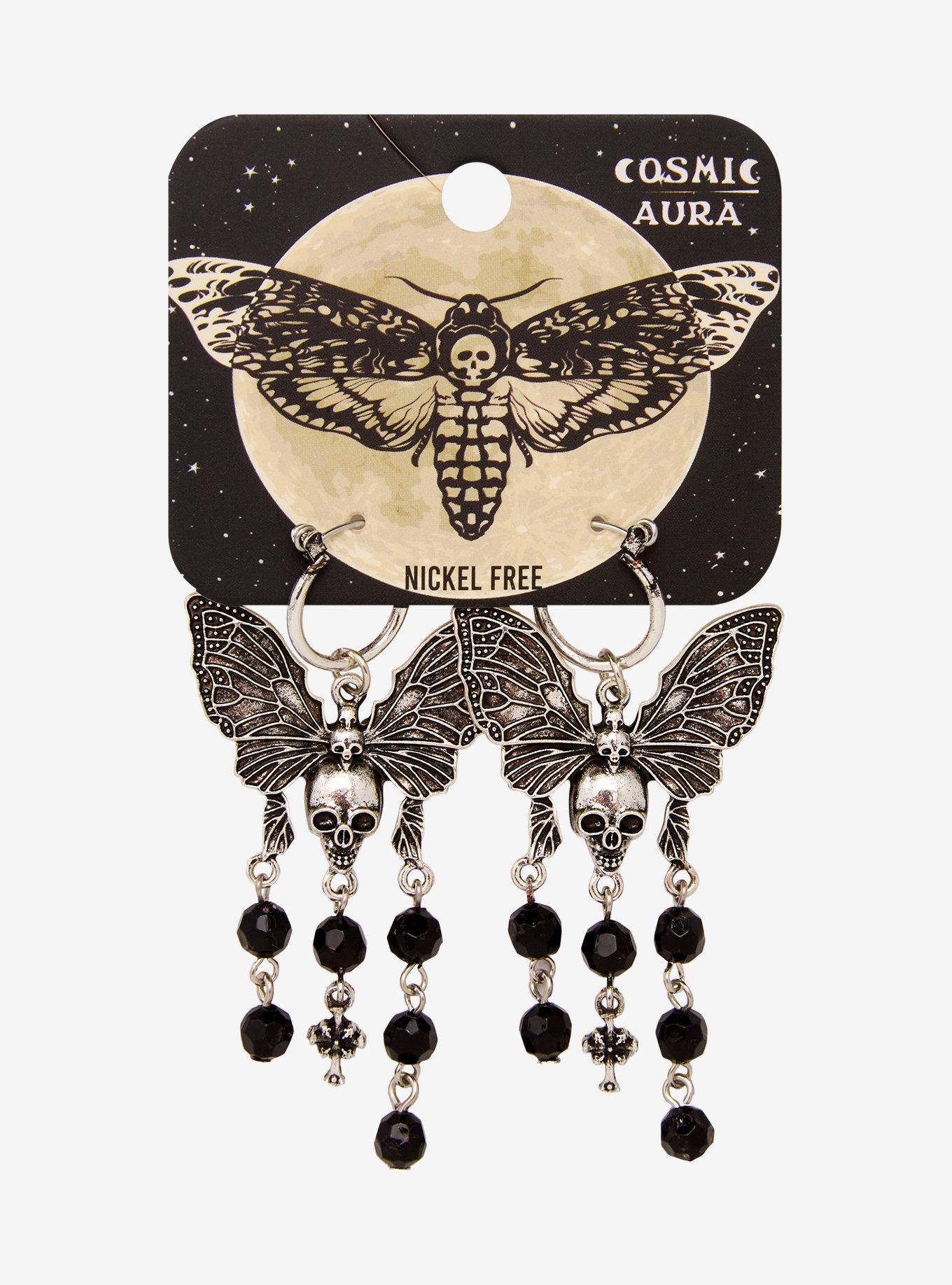 Cosmic Aura Skull Moth Drop Earrings, , hi-res