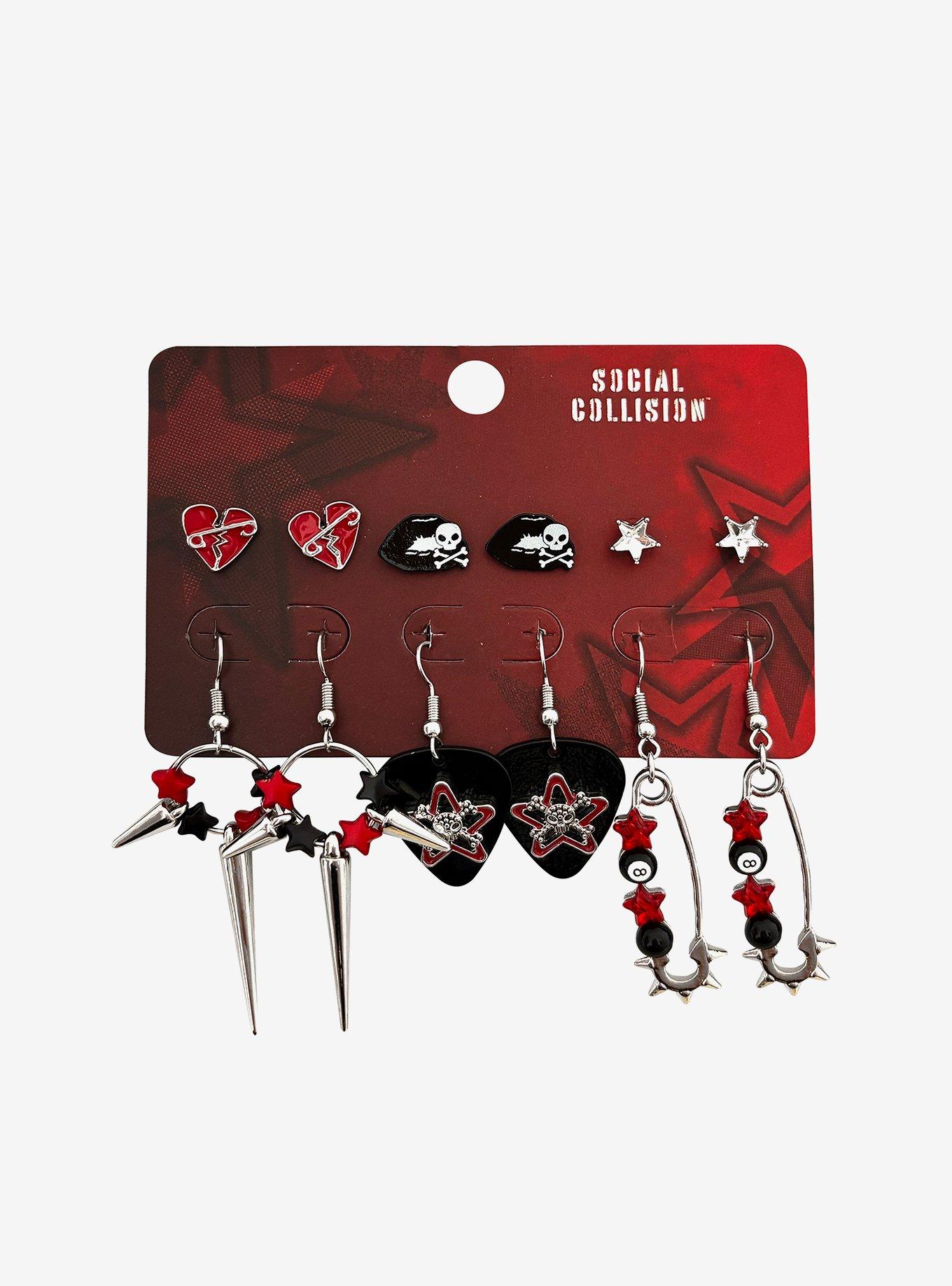 Social Collision Black & Red Star Safety Pin Earring Set, , hi-res
