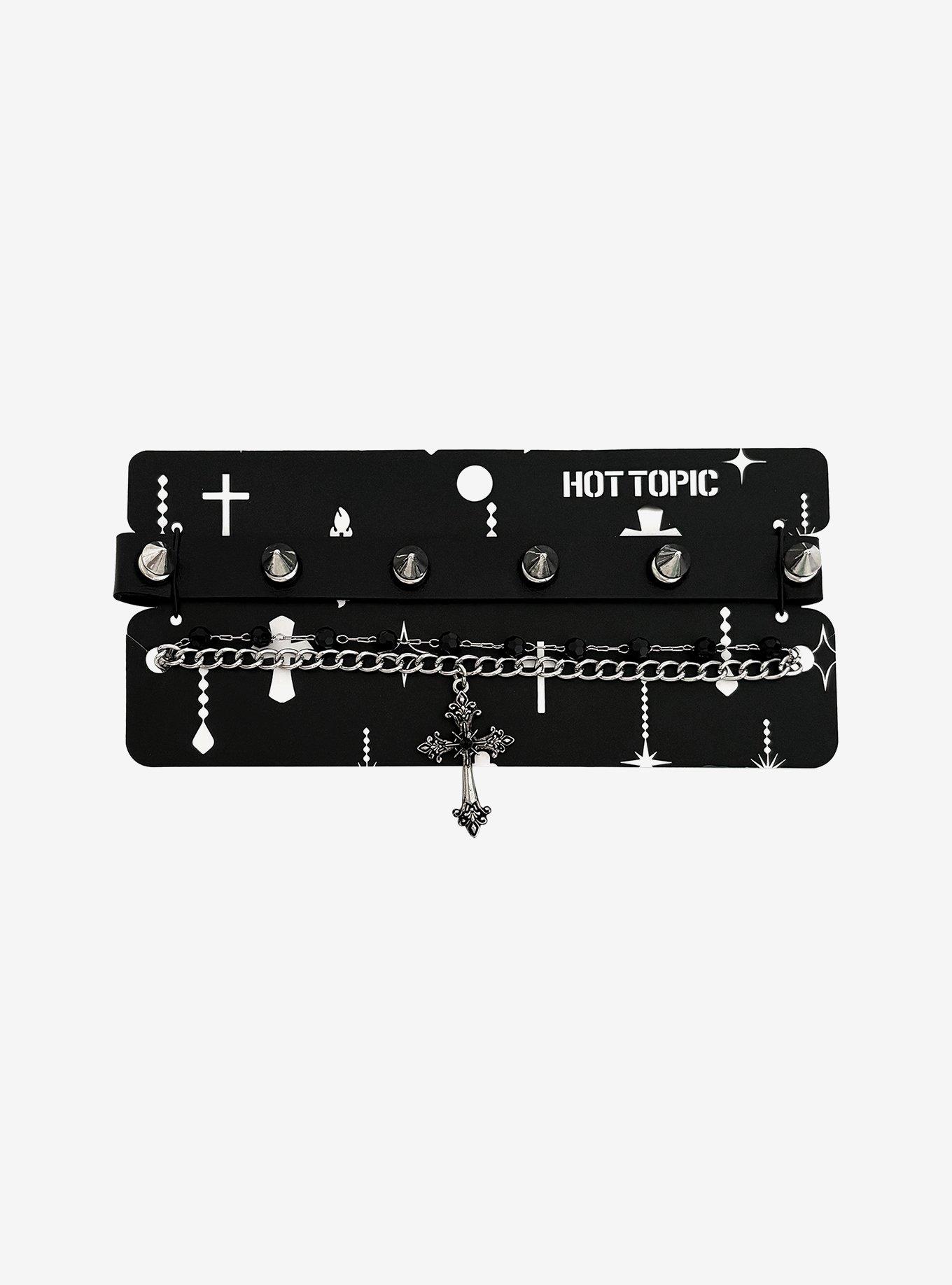 Goth Cross Black Bead Spiky Choker Necklace Set, , hi-res