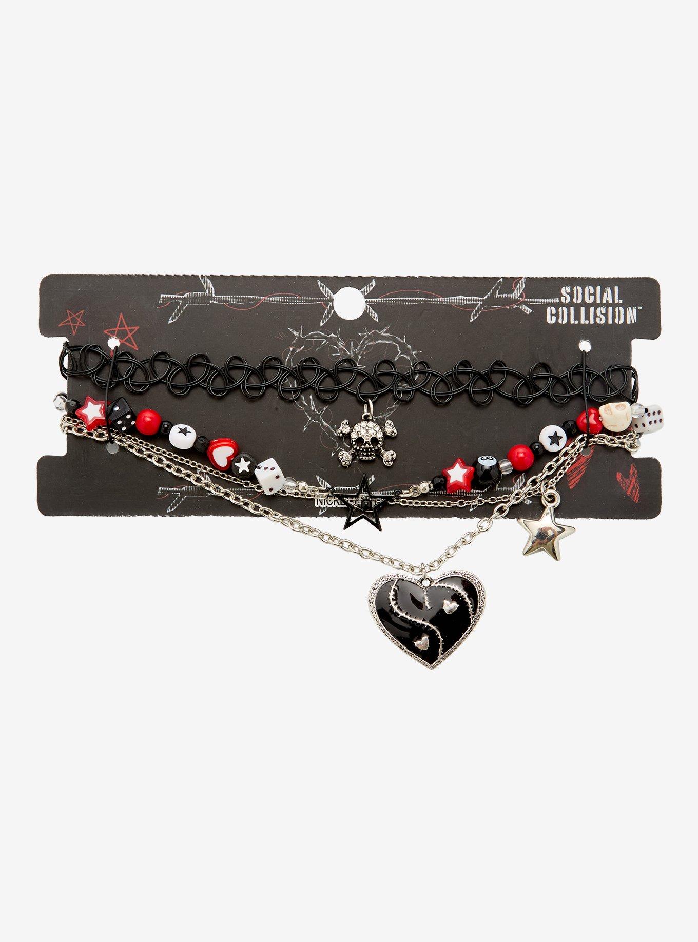 Social Collision Black & Red Skull Heart Emo Necklace Set, , hi-res