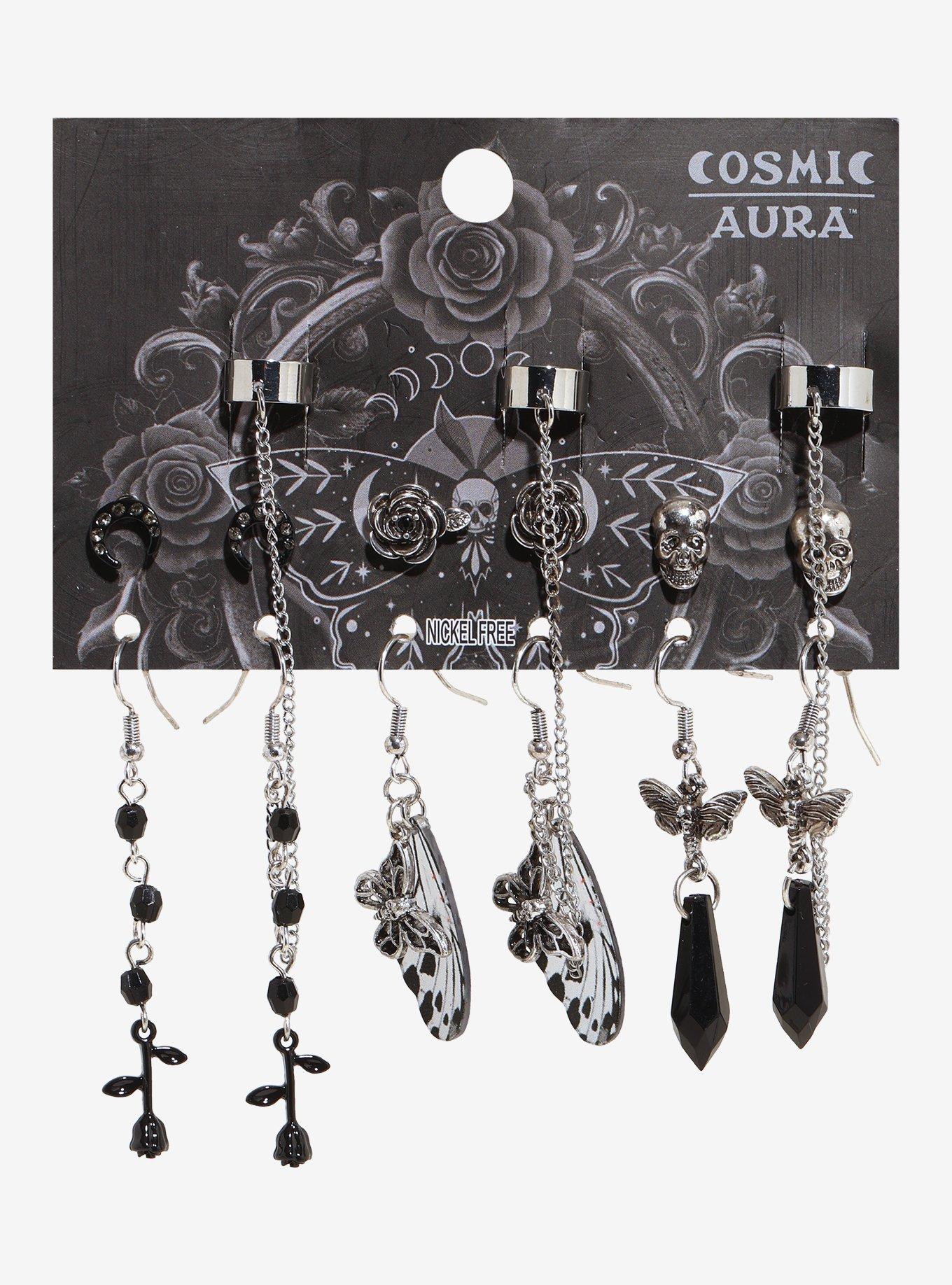Cosmic Aura Dark Rose Butterfly Wing Crystal Cuff Earring Set, , hi-res