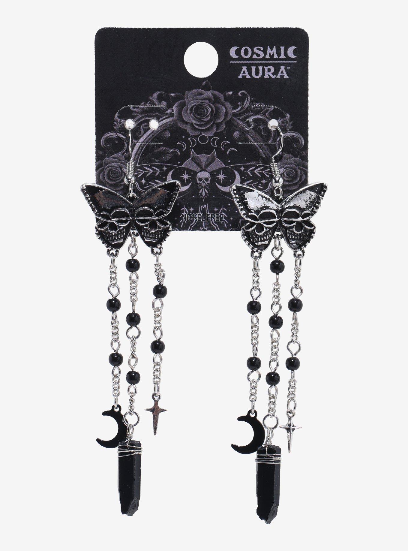 Cosmic Aura Skeleton Butterfly Chain Charm Earrings, , hi-res