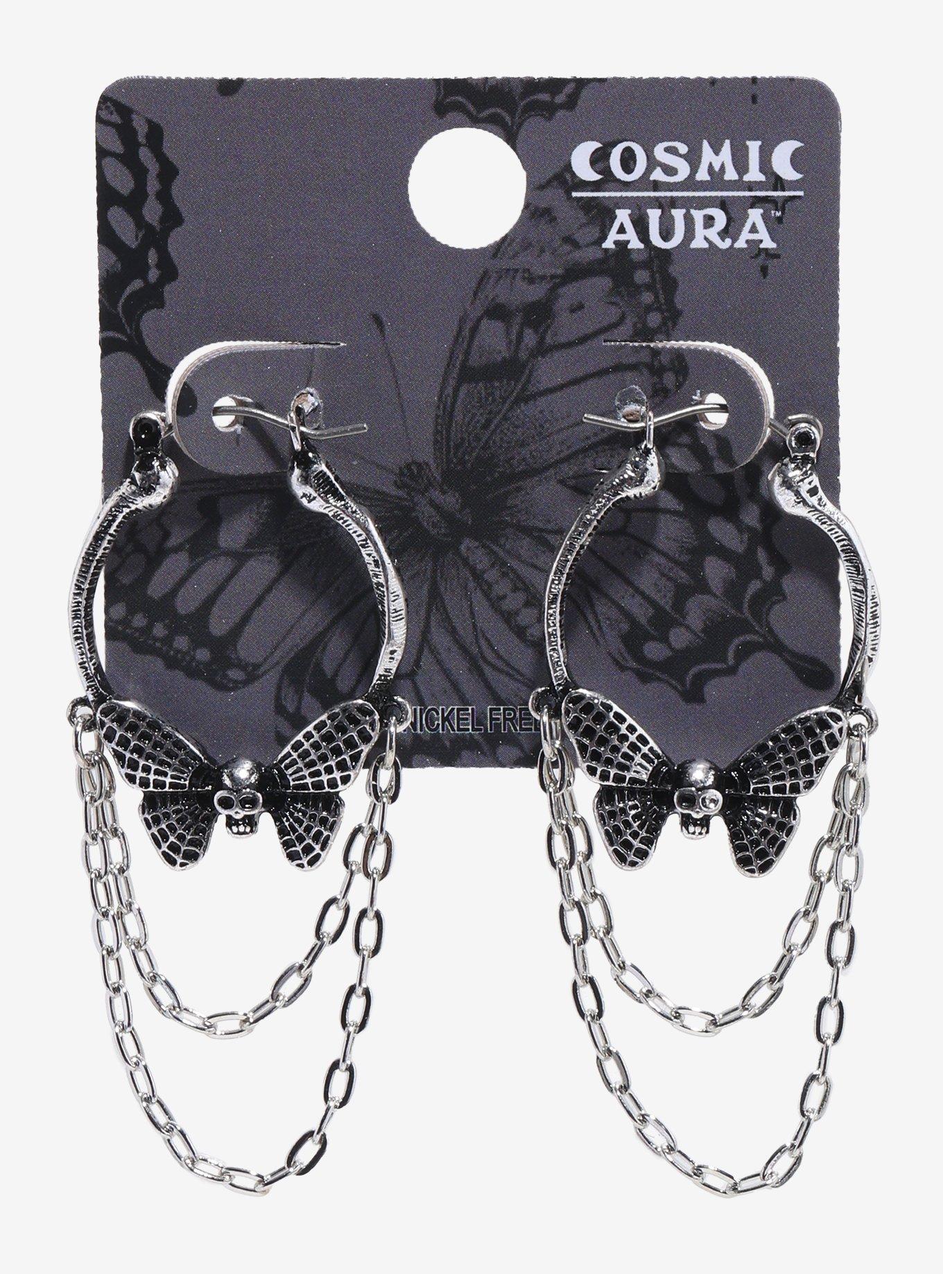 Cosmic Aura Skull Moth Chain Hoop Earrings, , hi-res