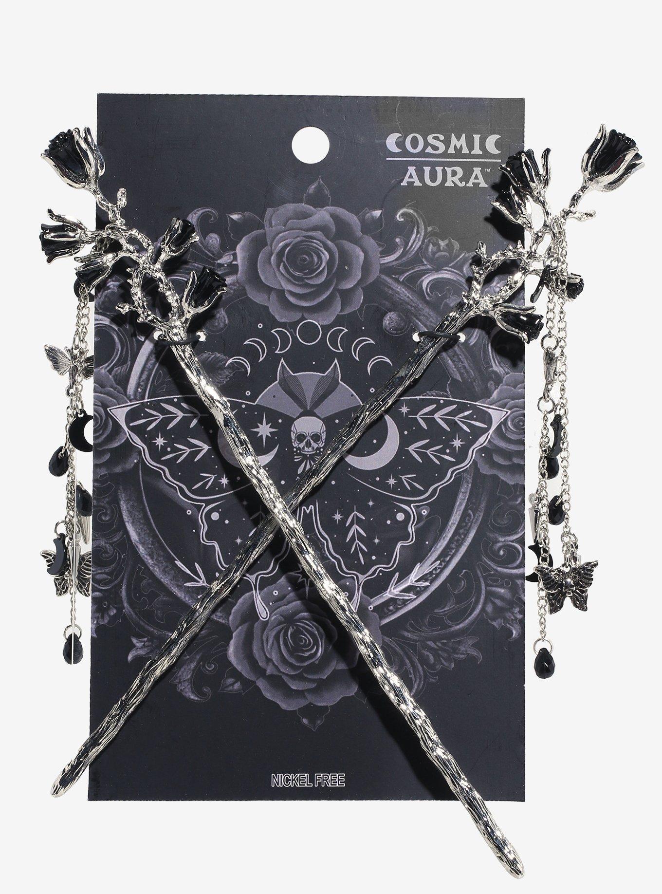 Cosmic Aura Black Rose Hair Stick Set, , hi-res