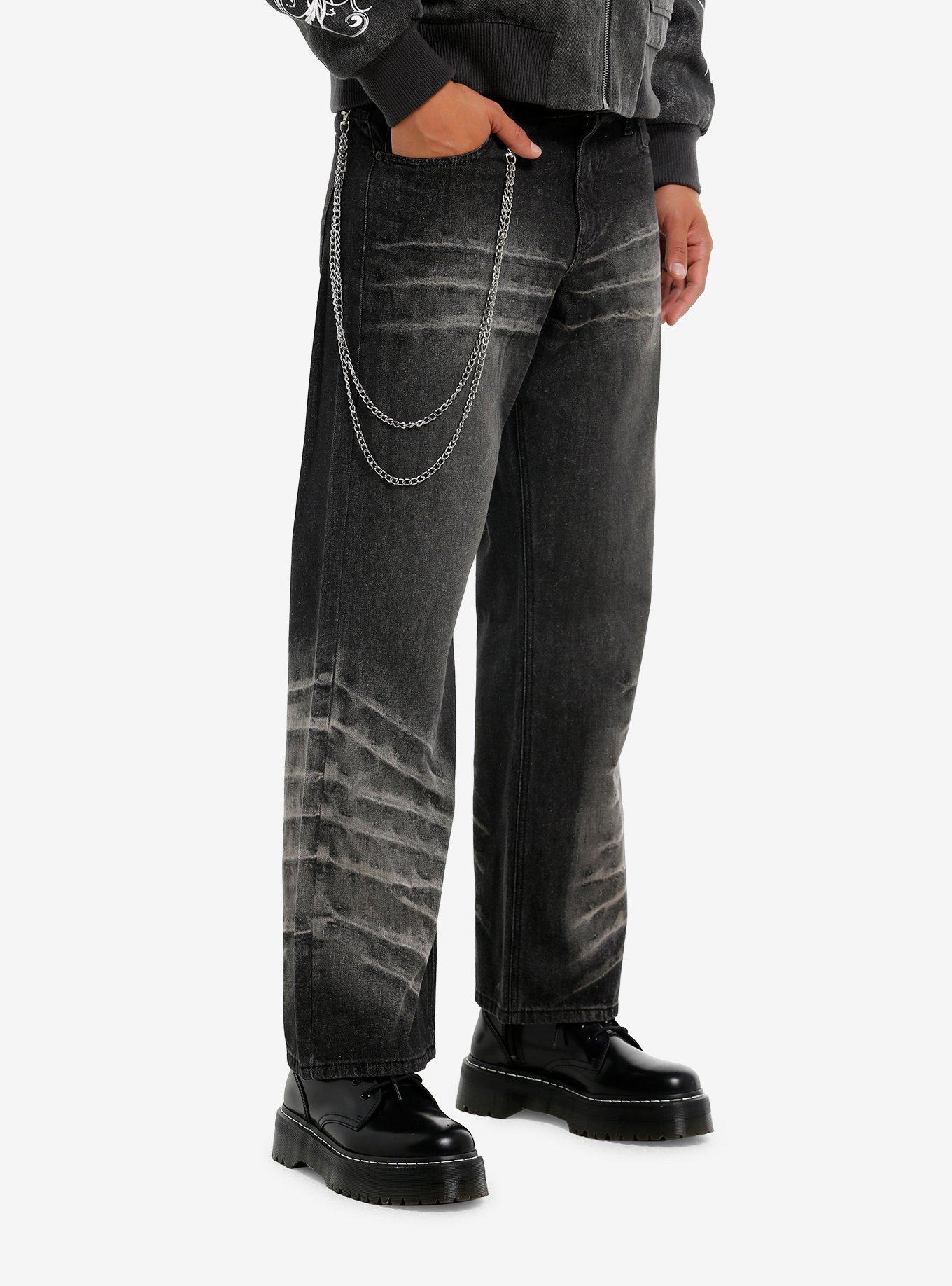 Black Spray Paint Side Chain Straight Leg Jeans, , hi-res