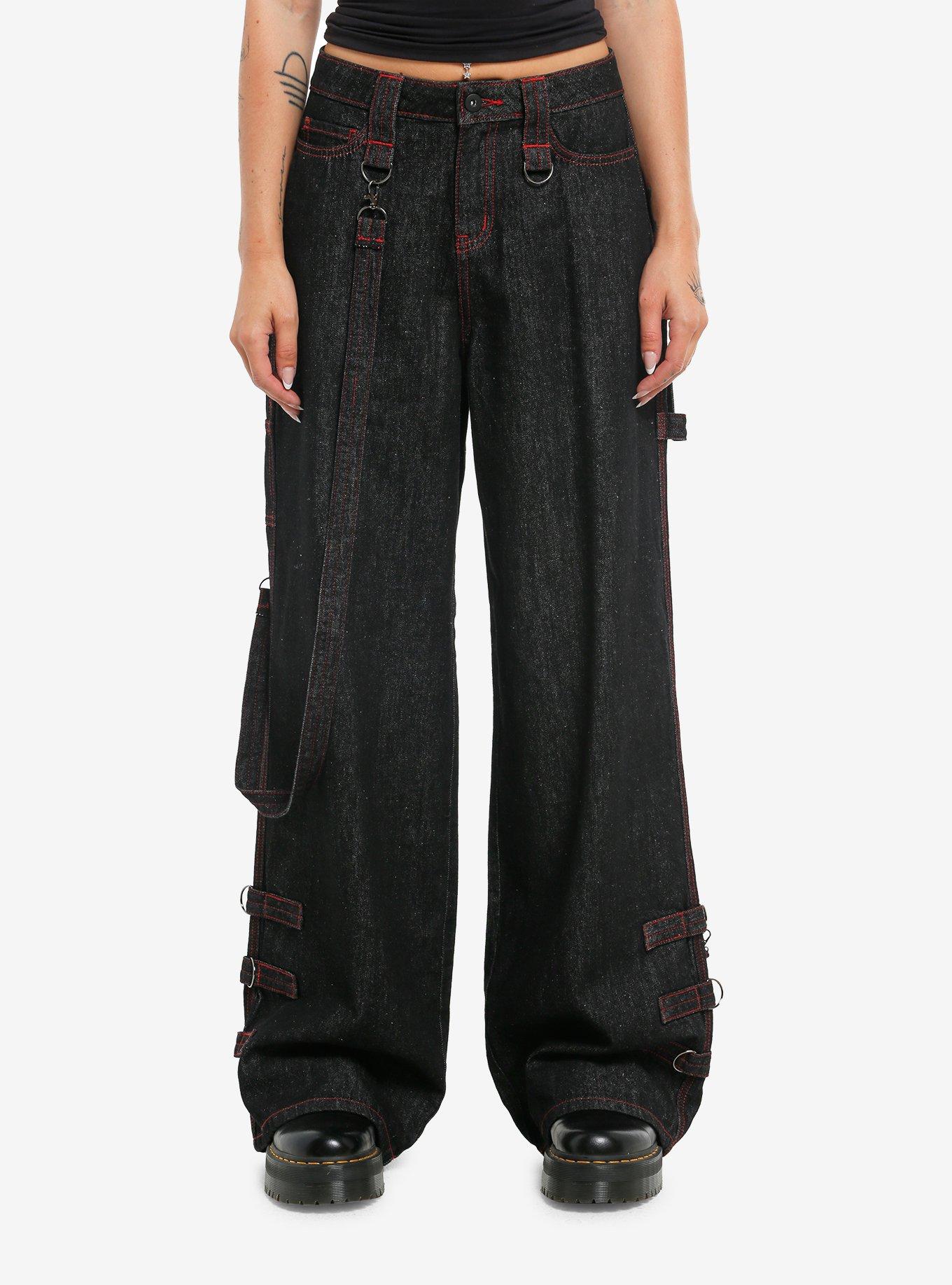 Social Collision Black & Red Contrast Stitch Girls Wide Leg Jeans, , hi-res
