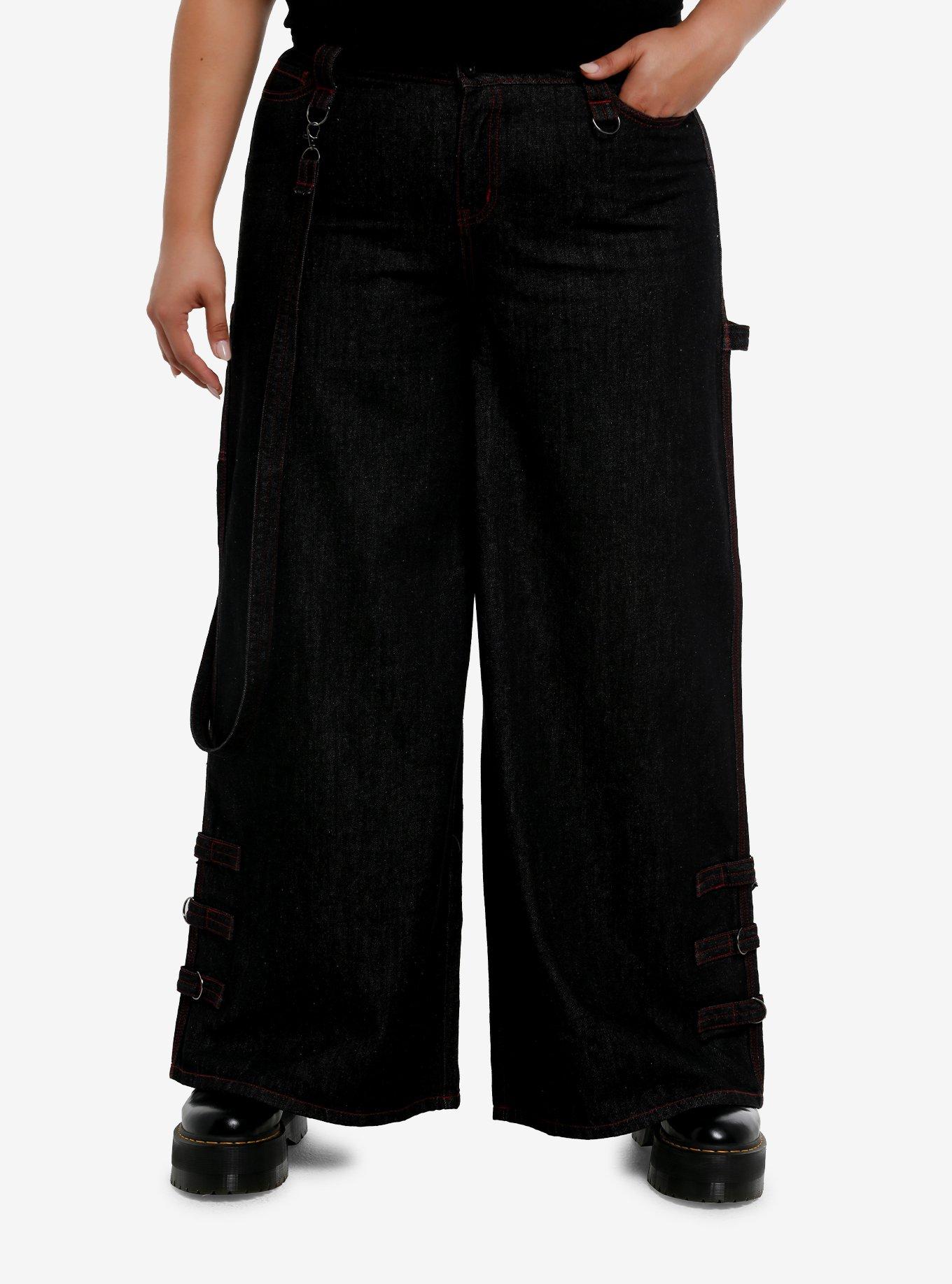 Social Collision Black & Red Contrast Stitch Girls Wide Leg Jeans Plus Size, , hi-res