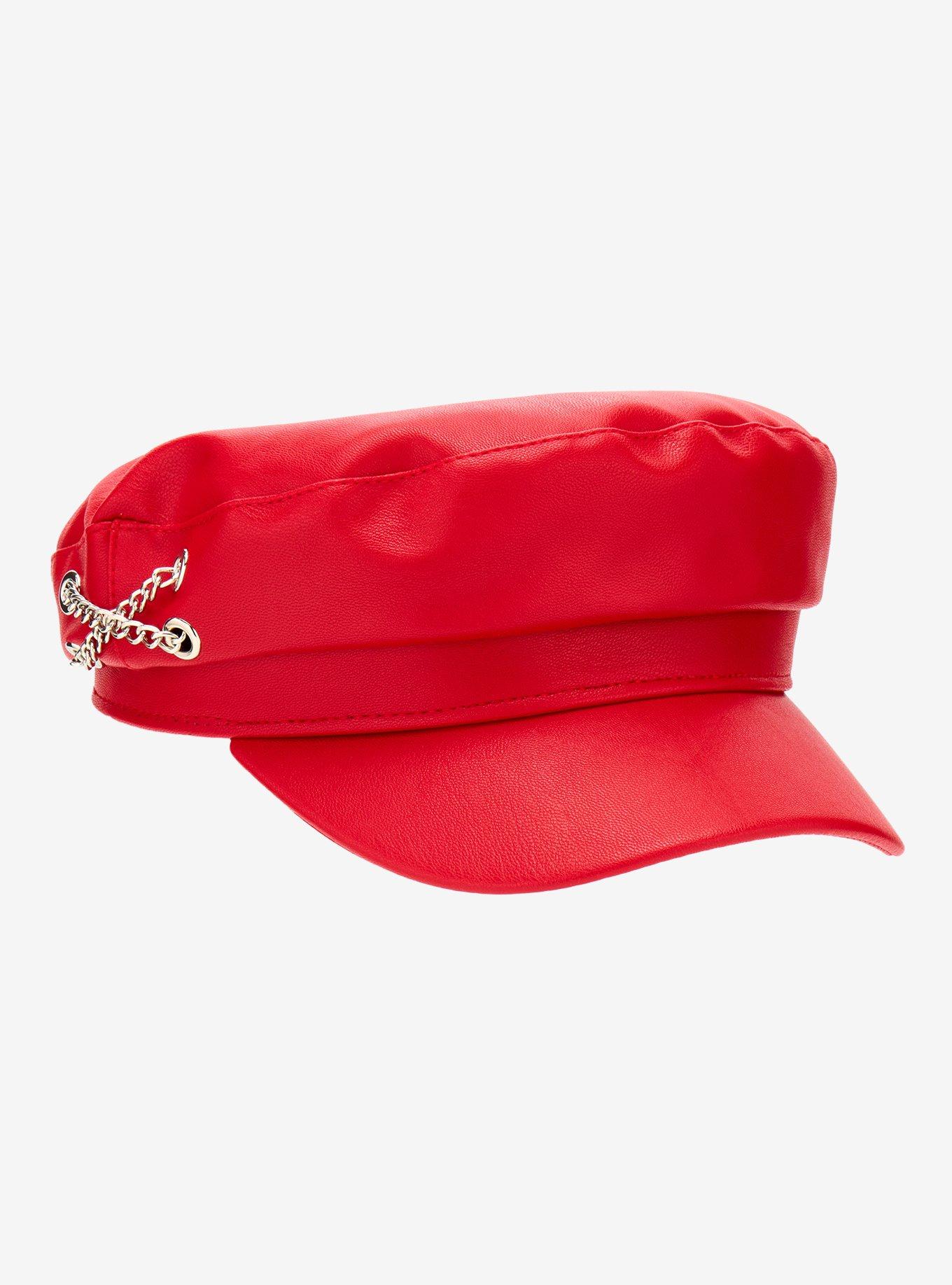 Red Faux Leather & Chain Cabbie Hat, , hi-res