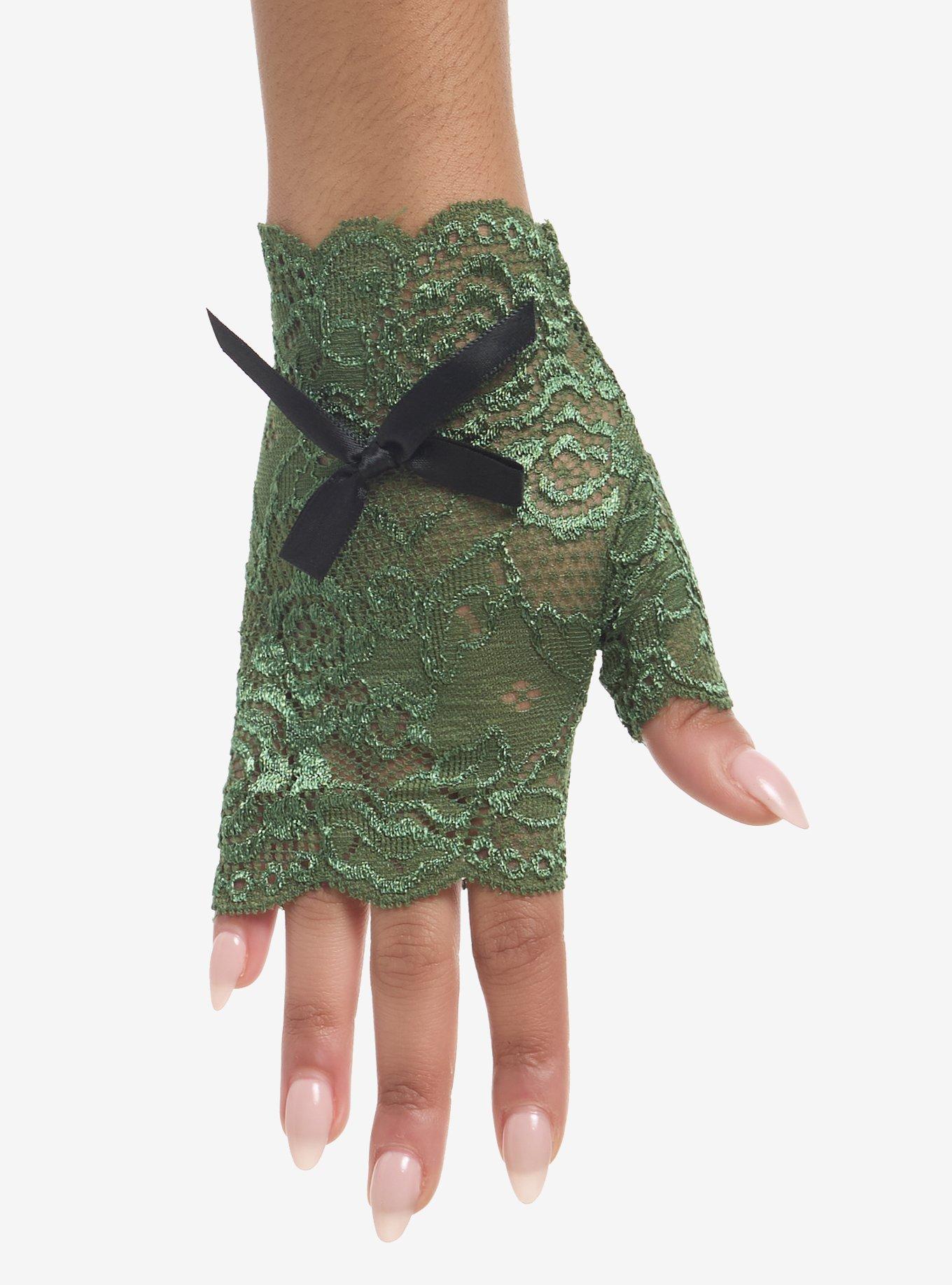 Green Lace Black Ribbon Short Fingerless Gloves, , hi-res