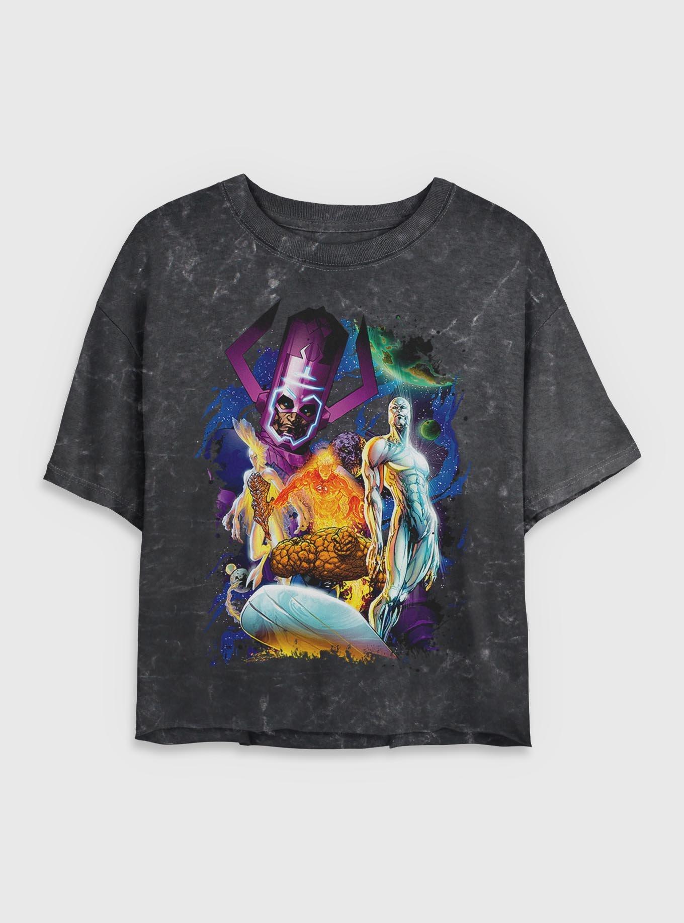 Marvel Fantastic Four 4 Cosmos Galactus & Silver Surfer Womens Crop Mineral Wash T-Shirt, BLACK, hi-res