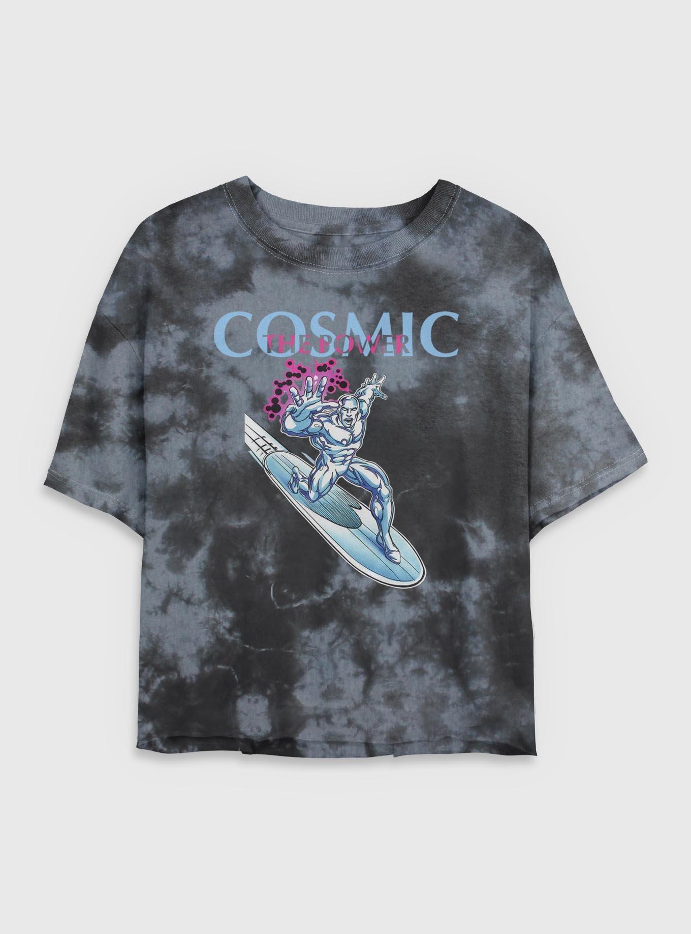 Marvel Fantastic Four The Cosmic Power Silver Surfer Womens Crop Tie-Dye T-Shirt, BLKCHAR, hi-res