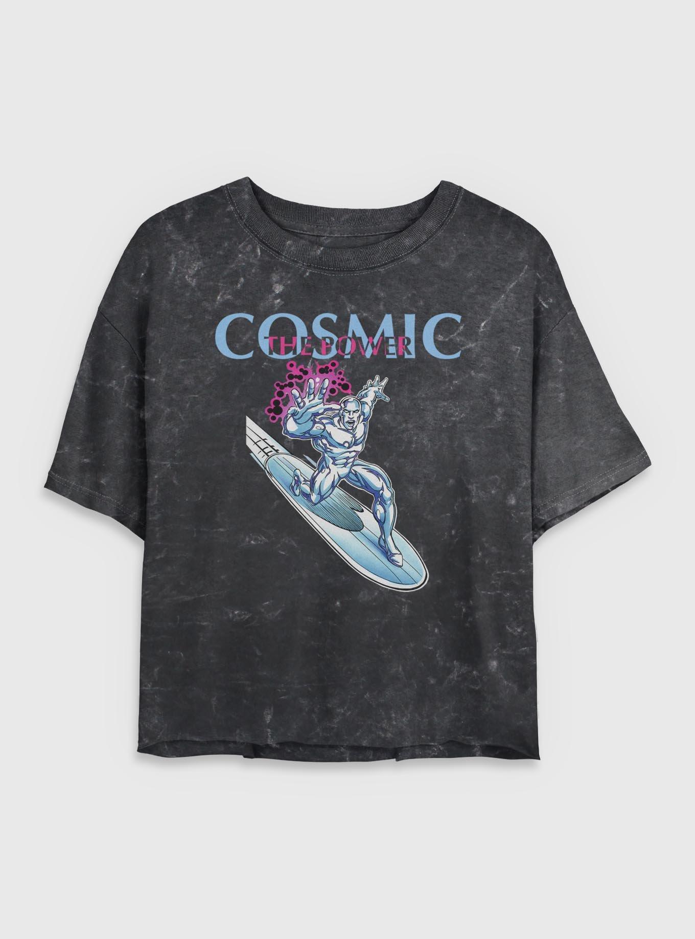 Marvel Fantastic Four The Cosmic Power Silver Surfer Womens Crop Mineral Wash T-Shirt, BLACK, hi-res