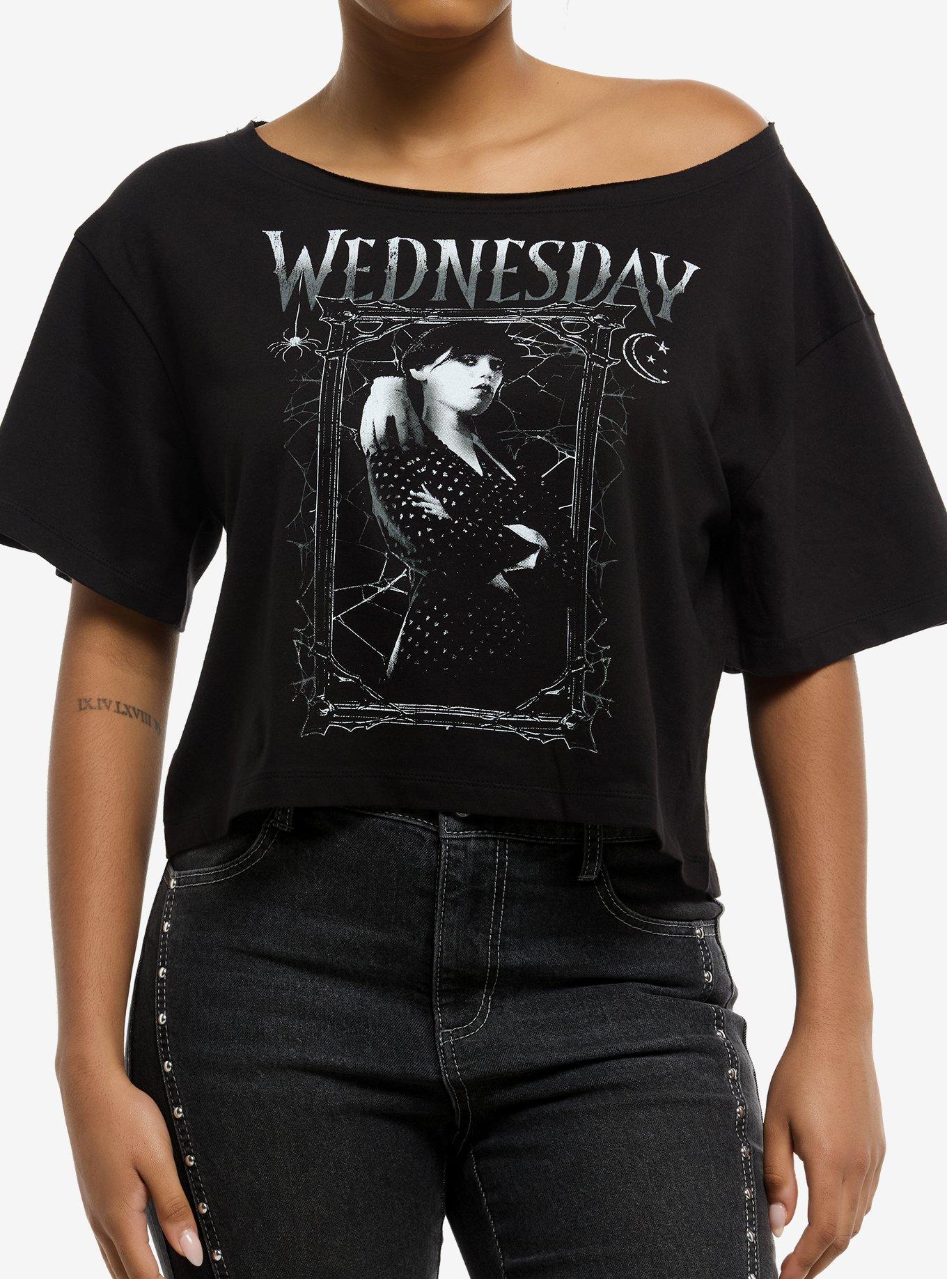 Wednesday & Thing Portrait Off-Shoulder Girls T-Shirt, , hi-res