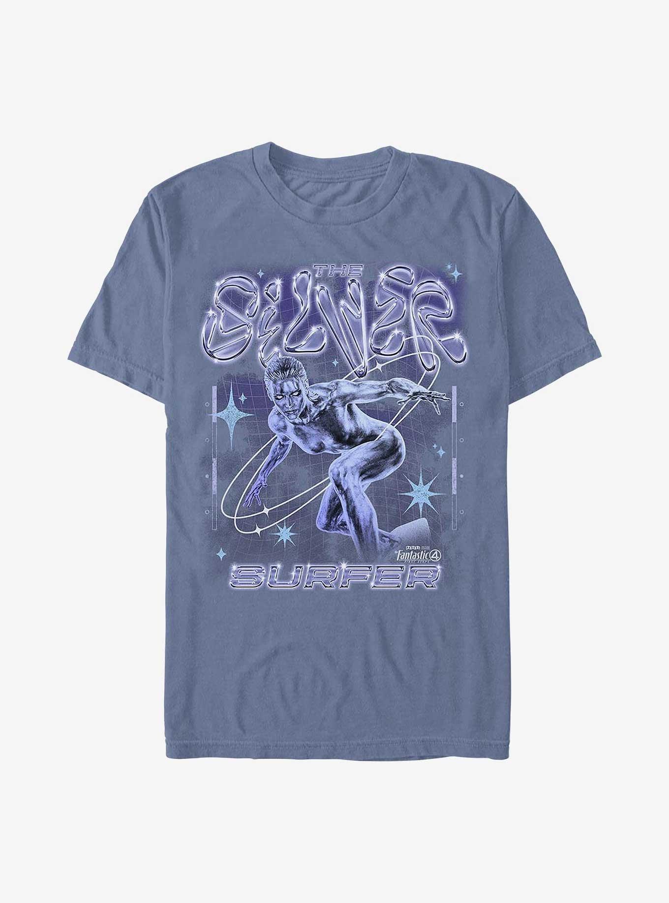 Marvel The Fantastic Four: First Steps Silver Surfer Chrome Shine Garment Dye T-Shirt Hot Topic Web Exclusive, BLUEJEAN, hi-res
