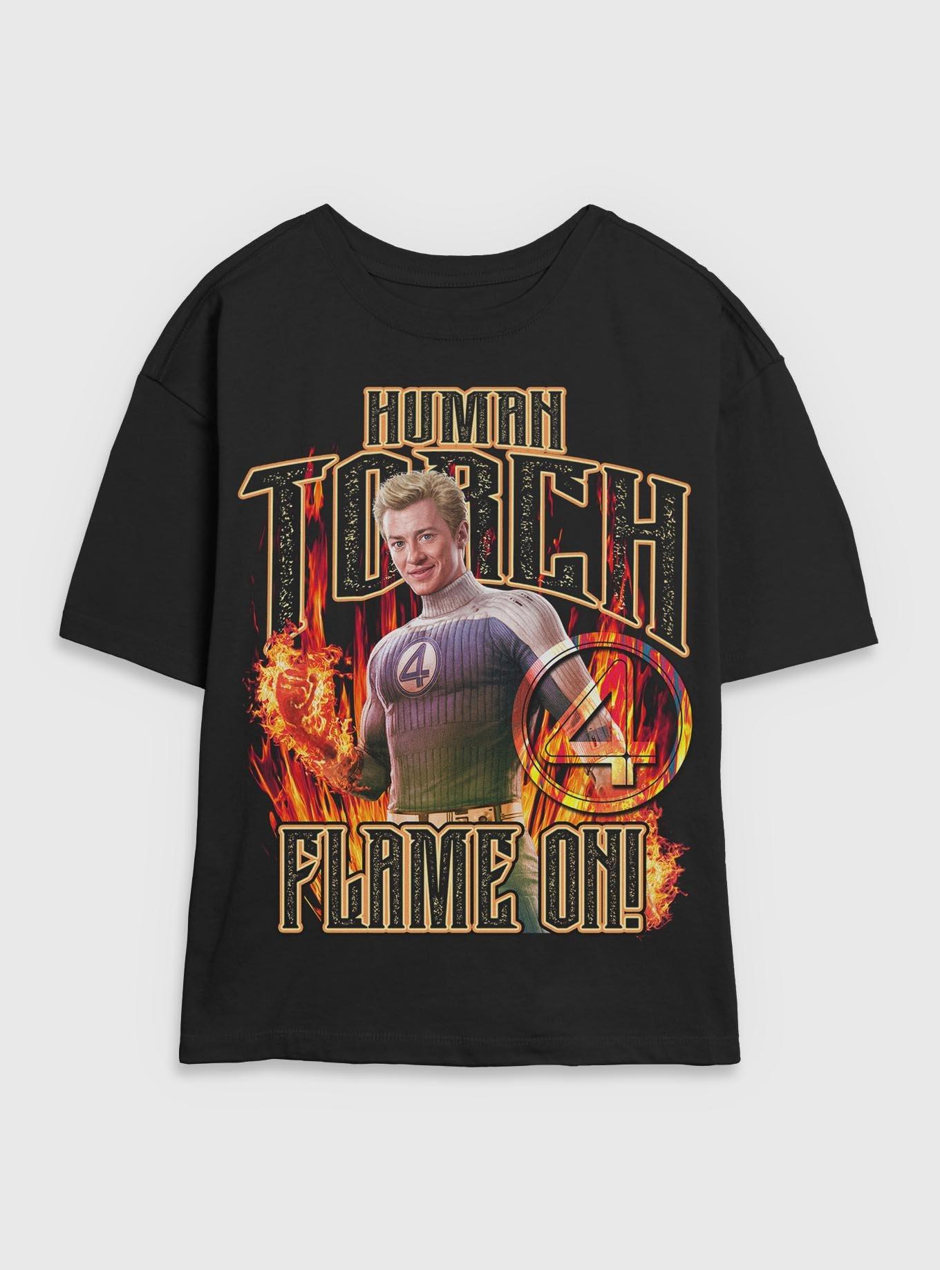 Marvel The Fantastic Four: First Steps Johnny Storm Human Torch Flame On Womens Skimmer T-Shirt BoxLunch Exclusive, BLACK, hi-res