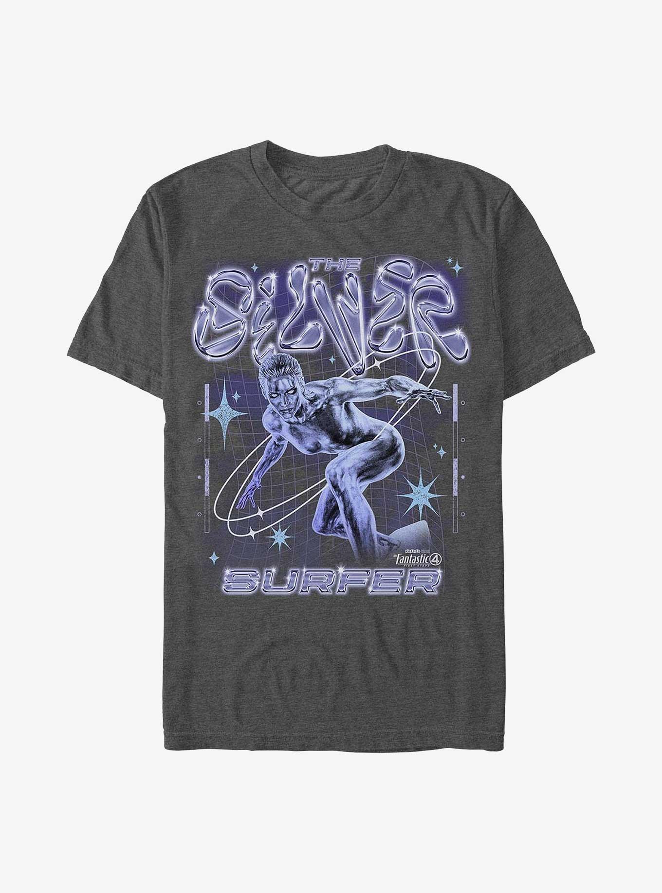 Marvel The Fantastic Four: First Steps Silver Surfer Chrome Shine T-Shirt Hot Topic Web Exclusive, CHAR HTR, hi-res