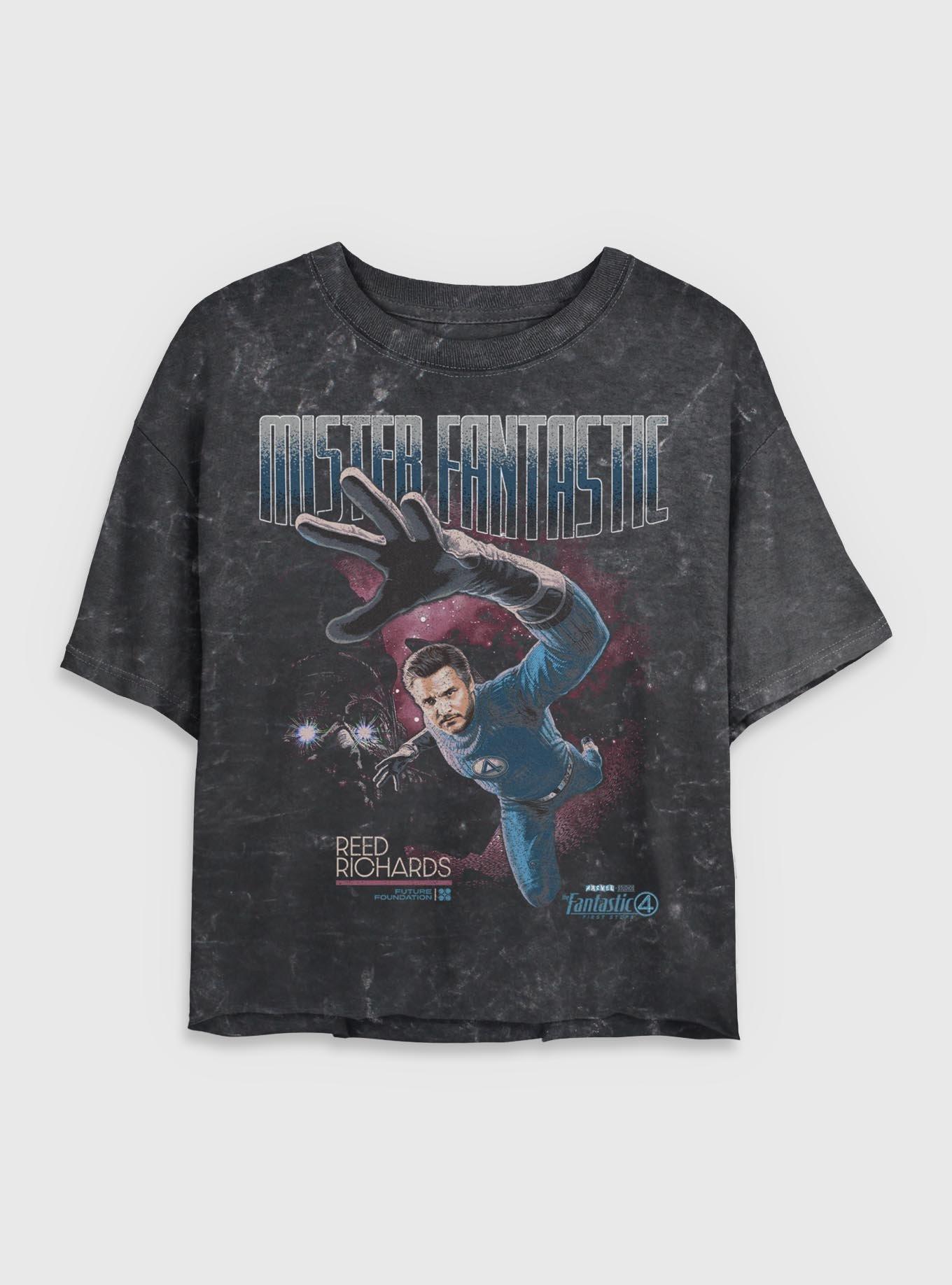 Marvel The Fantastic Four: First Steps Stretch Mr. Fantastic Reed Richards Womens Mineral Wash Crop T-Shirt BoxLunch Exclusive, BLACK, hi-res