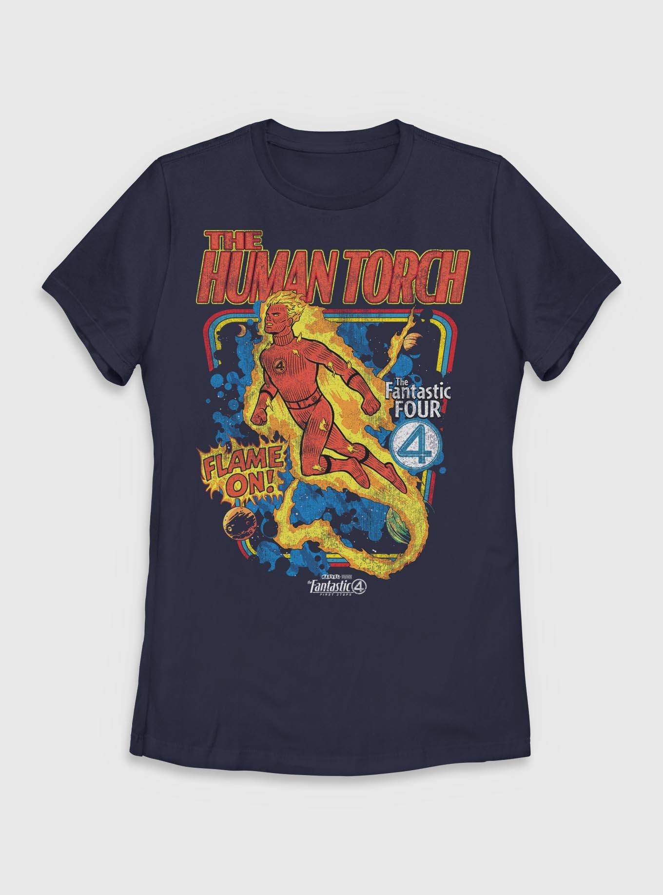 Marvel The Fantastic Four: First Steps Comic Cover Johnny Storm Human Torch Womens T-Shirt BoxLunch Exclusive, NAVY, hi-res