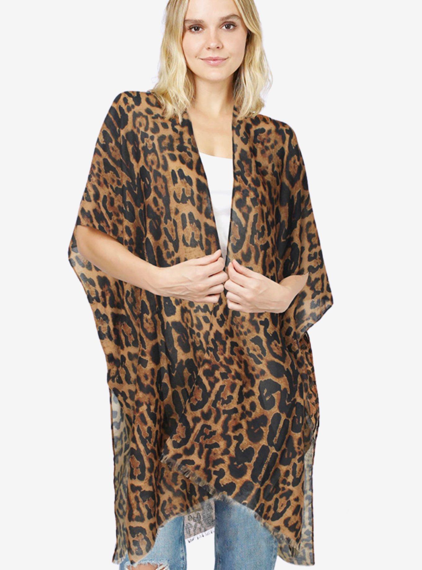 Leopard Print Swim Cover-Up Kimono, , hi-res