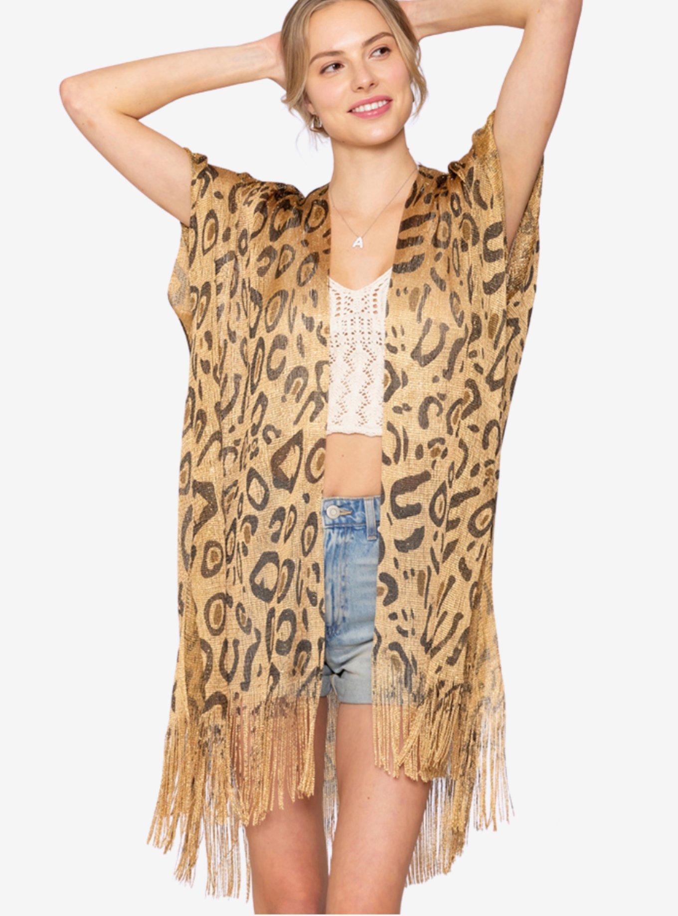 Leopard Print Fringe Swim Cover-Up Kimono, , hi-res