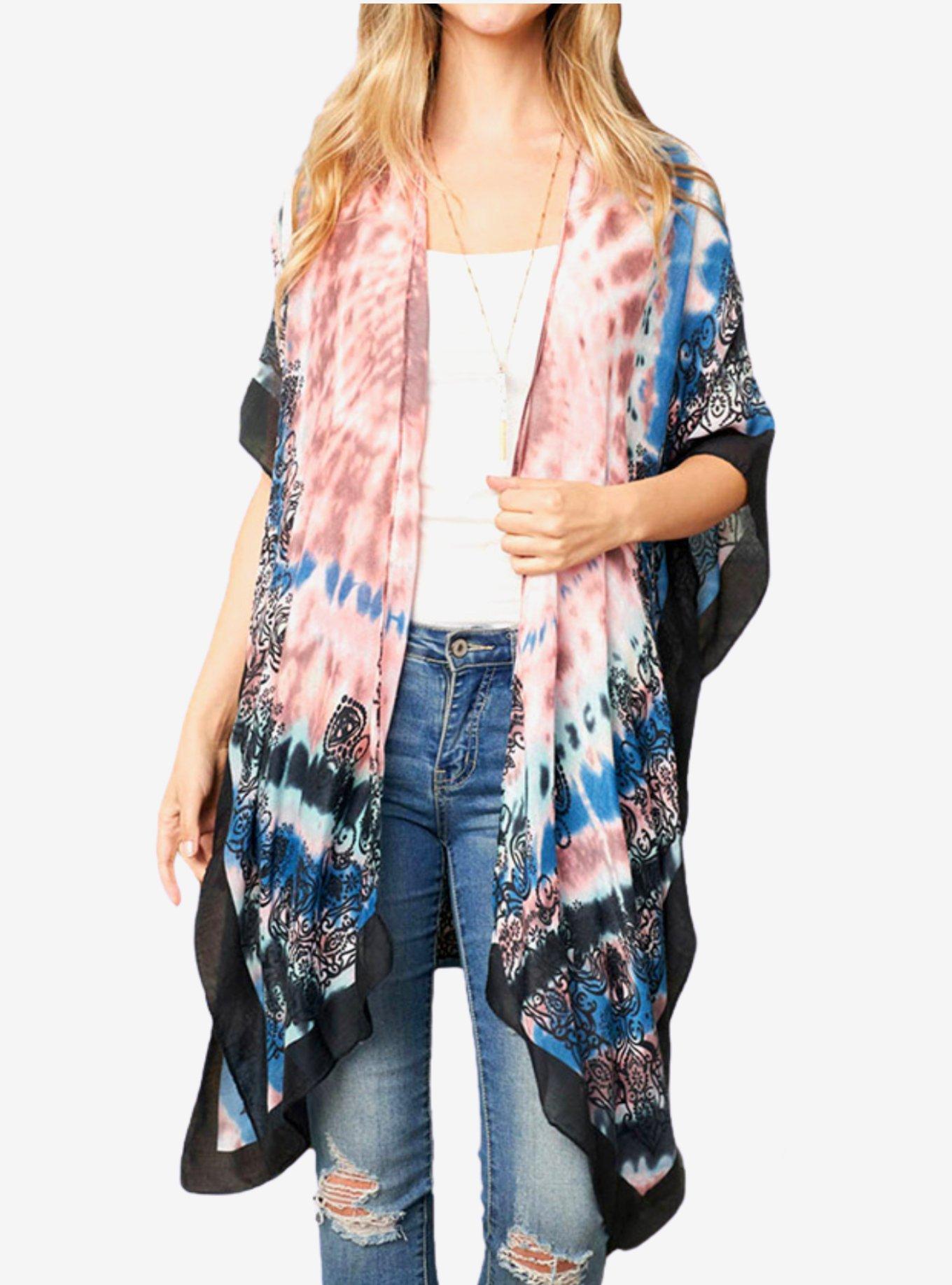 Tie Dye Mandala Boho Swim Cover-Up Kimono, , hi-res