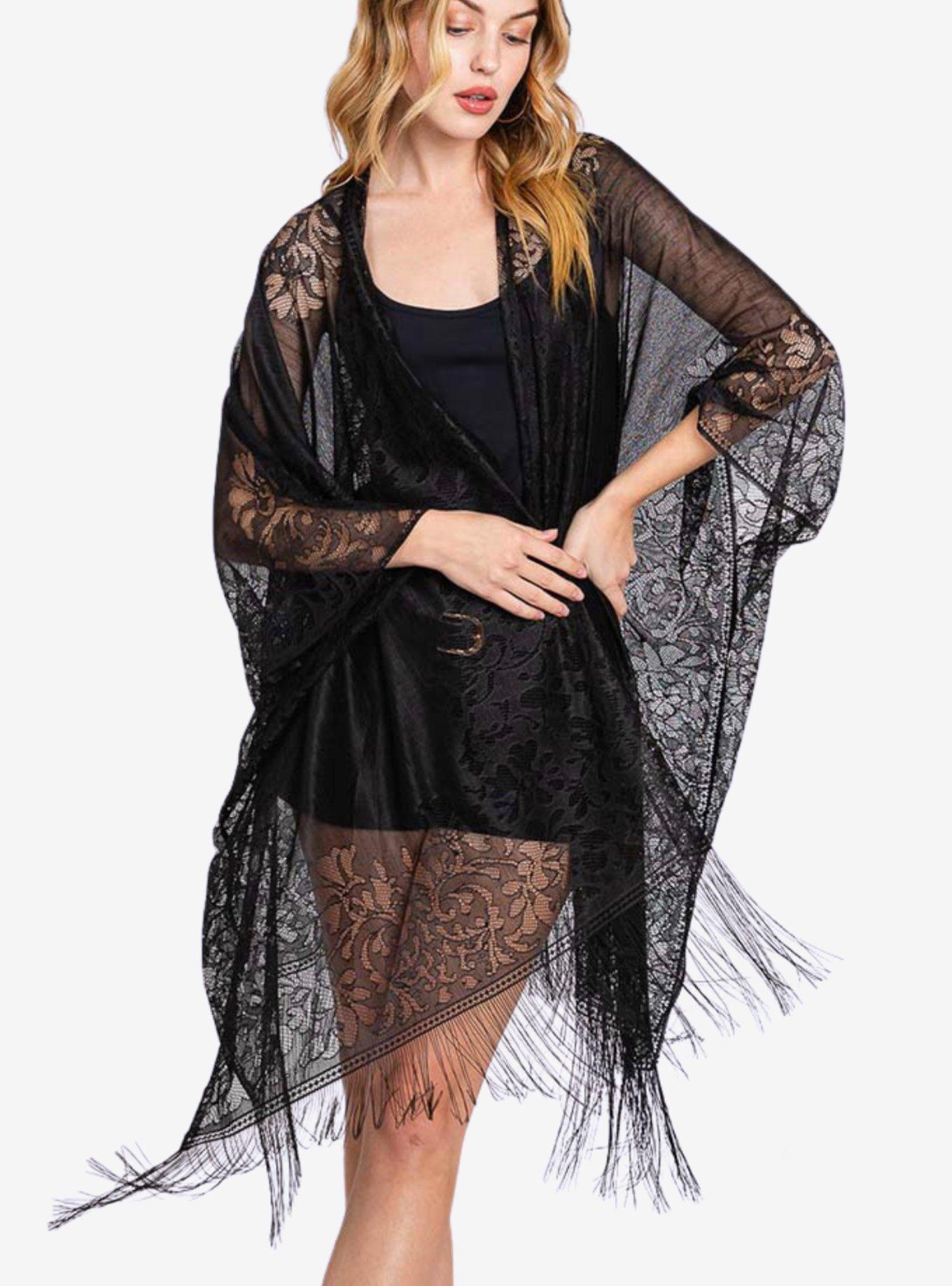 Black Lace With Fringe Swim Cover-Up Kimono, , hi-res