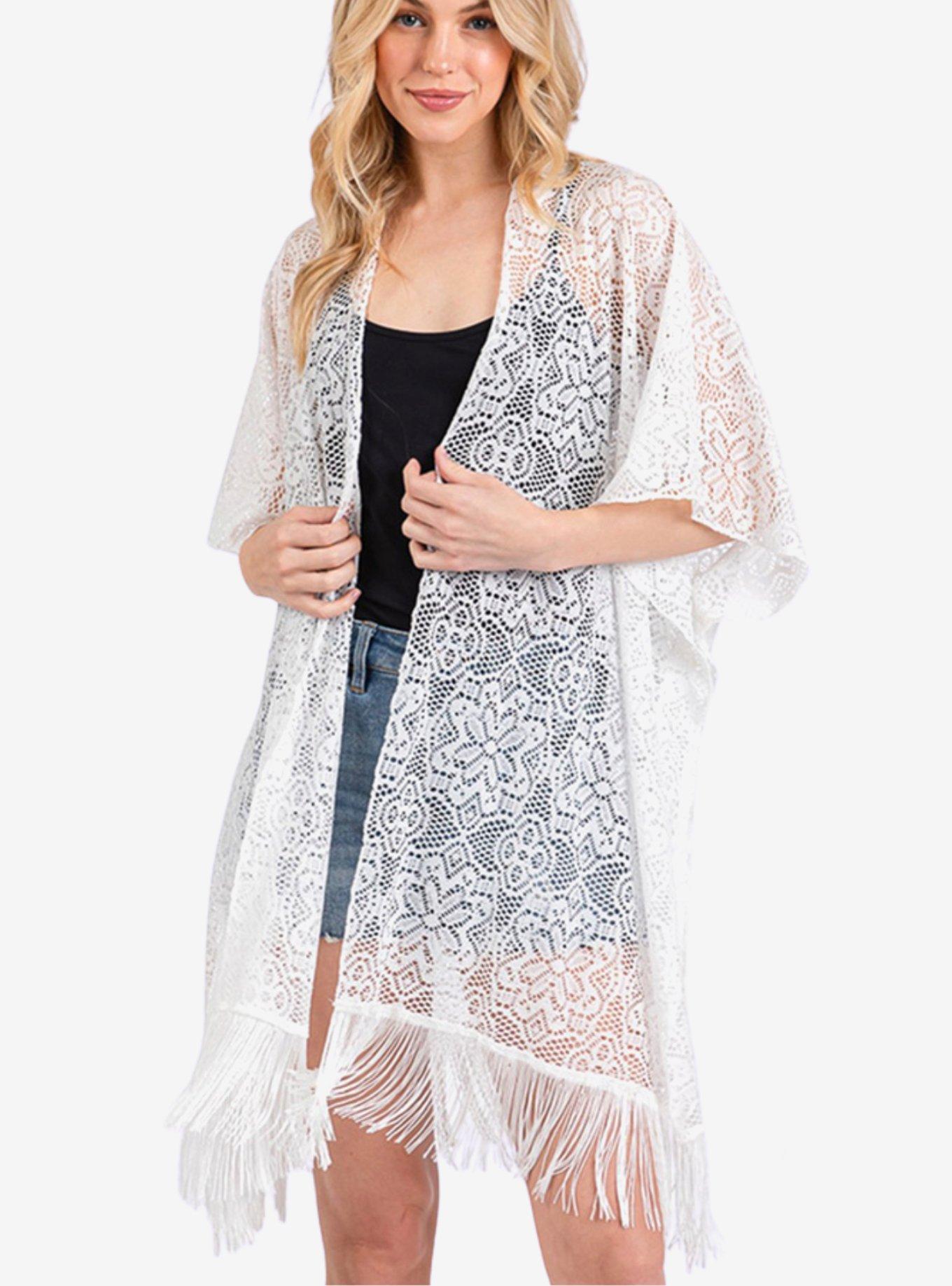White Lace With Fringe Swim Cover-Up Kimono, , hi-res