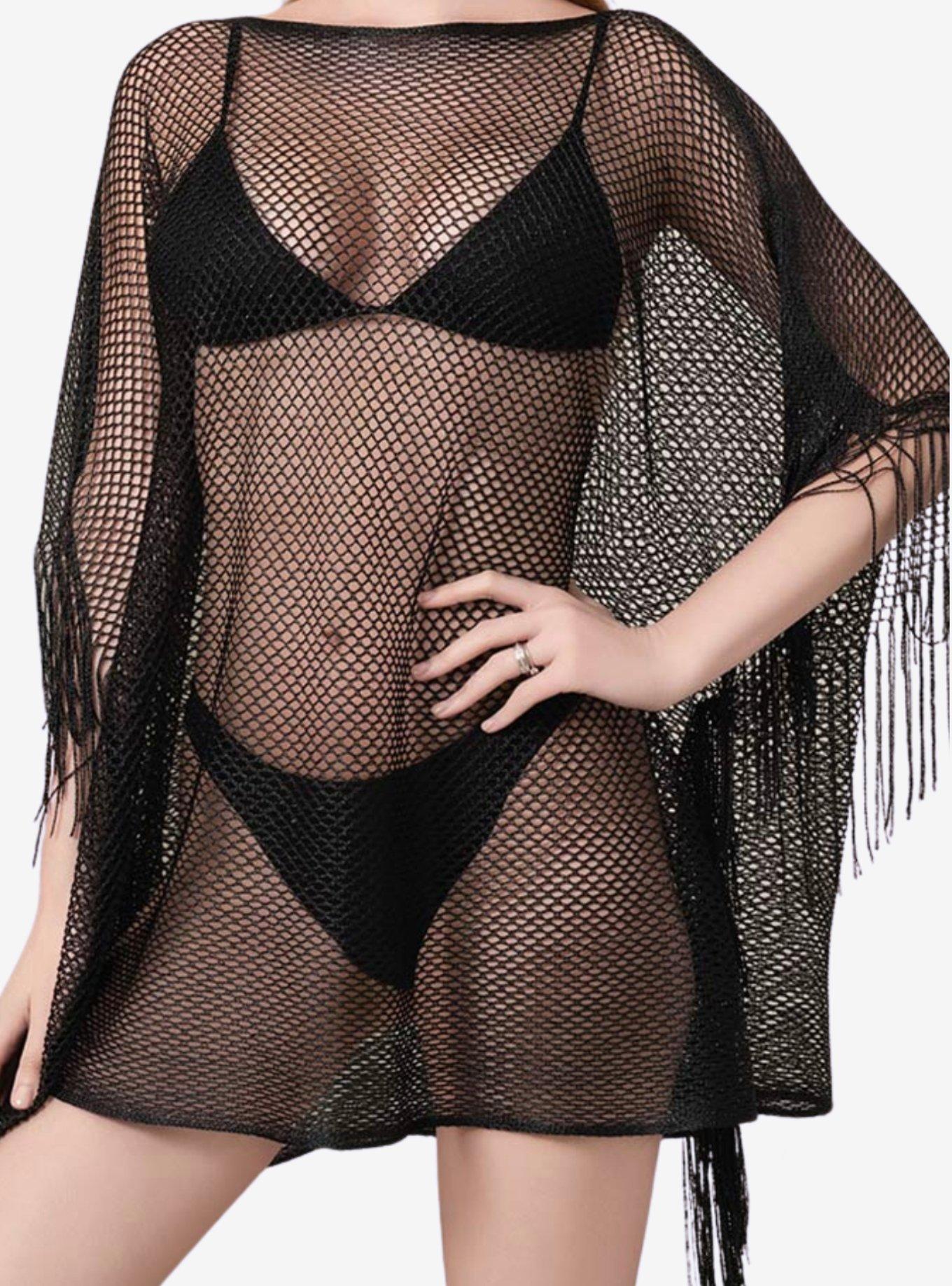 Black Fishnet With Fringe Swim Cover-Up, , hi-res