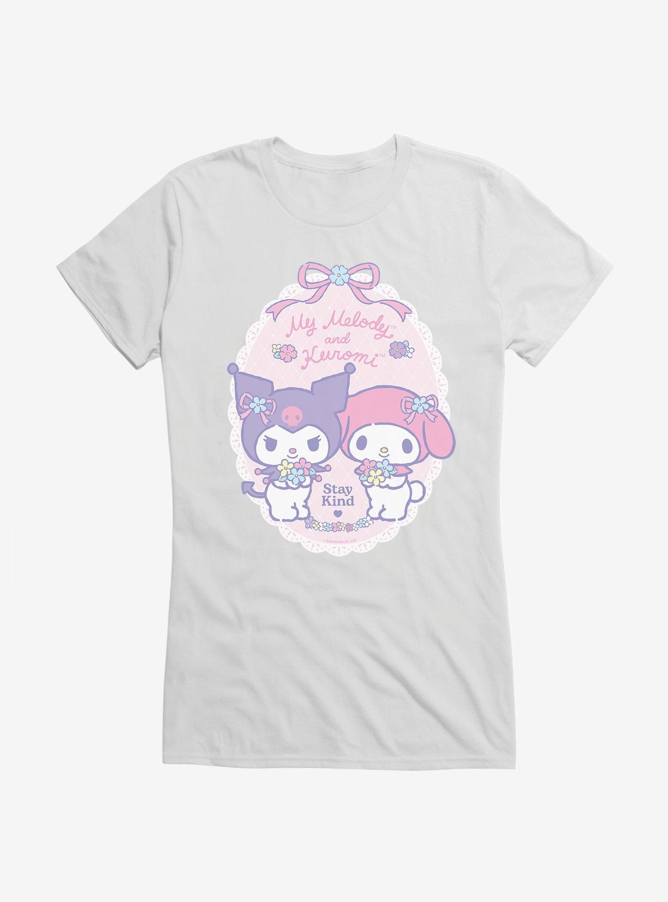 My Melody & Kuromi Pastel Flowers Stay Kind Girls T-Shirt, WHITE, hi-res