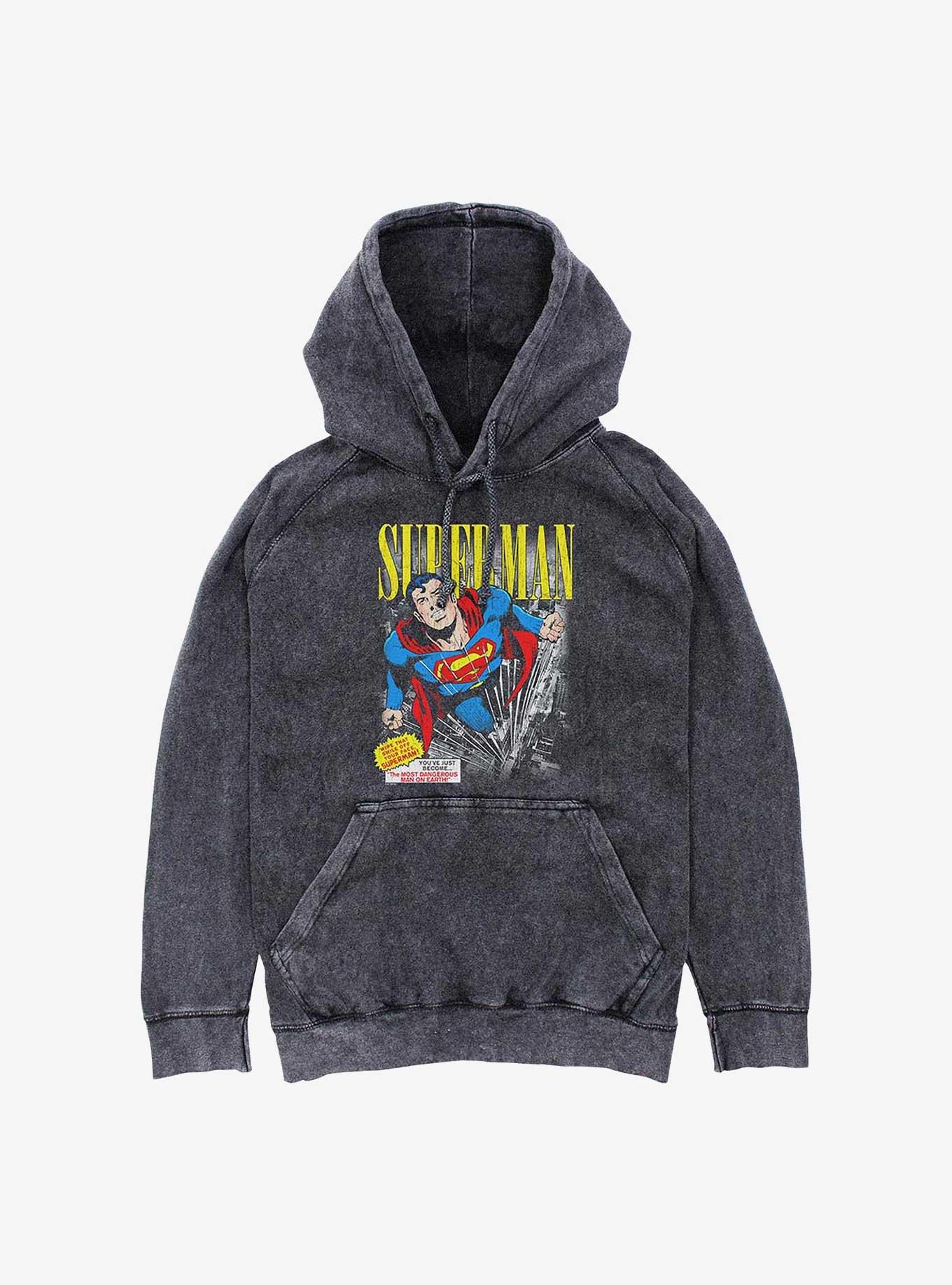 DC Comics Superman Vintage Mineral Wash Hoodie Hot Topic Web Exclusive, BLACK, hi-res