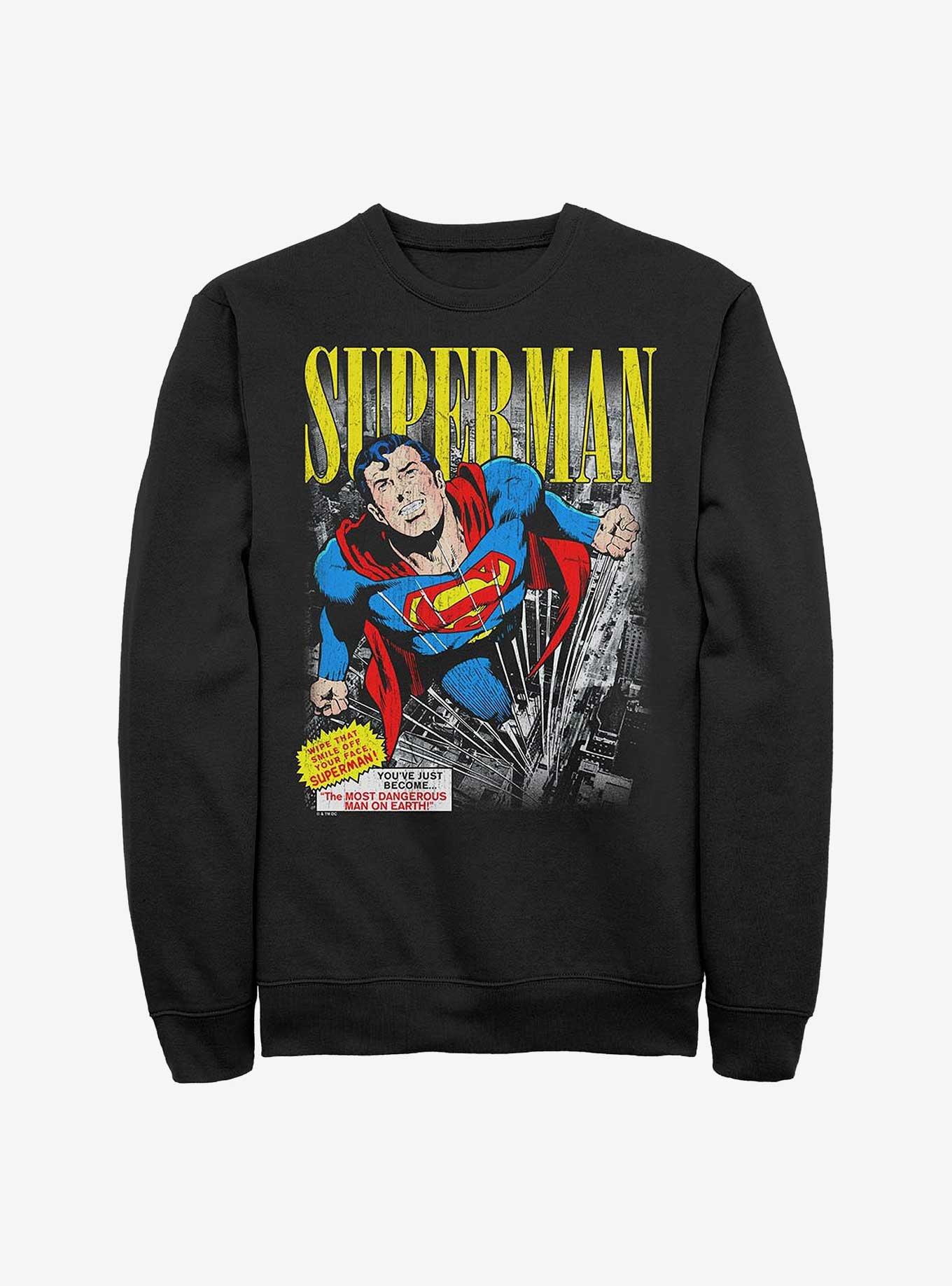 DC Comics Superman Vintage Sweatshirt Hot Topic Exclusive, BLACK, hi-res