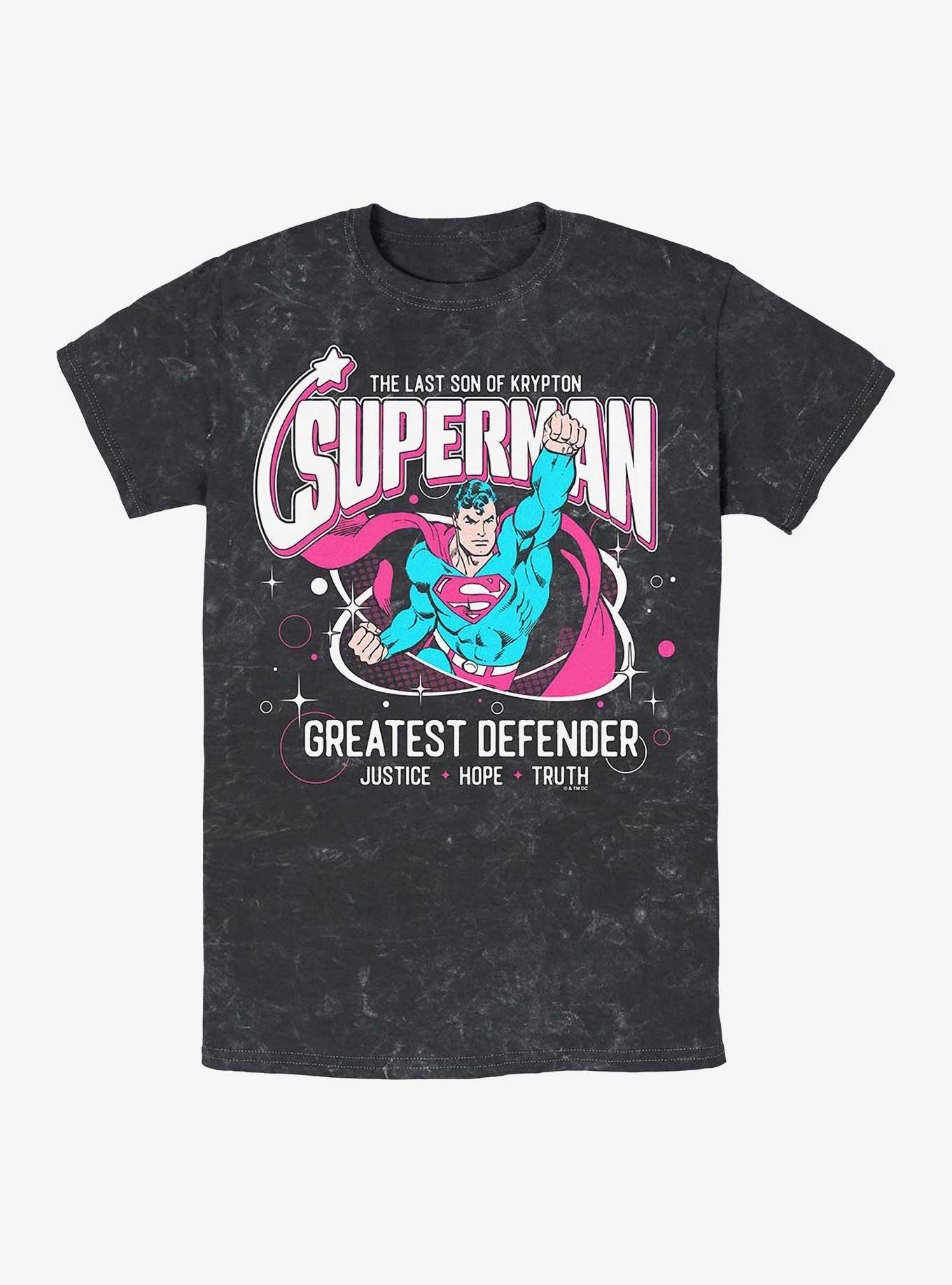 DC Comics Superman Greatest Defender Mineral Wash T-Shirt Hot Topic Web Exclusive, BLACK, hi-res