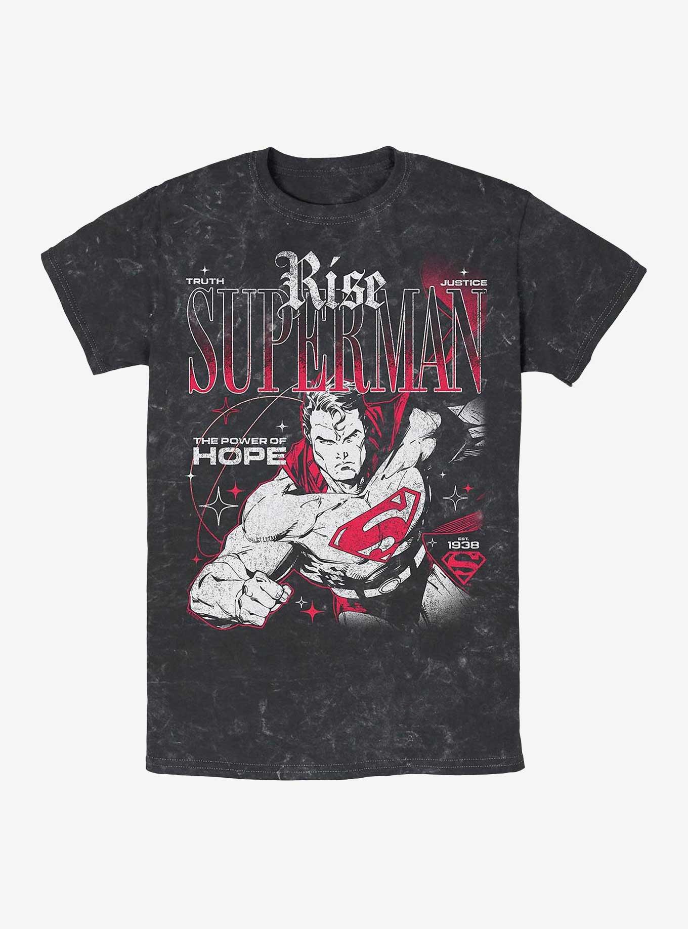 DC Comics Superman Rise Truth Justice Hope Mineral Wash T-Shirt Hot Topic Web Exclusive, BLACK, hi-res