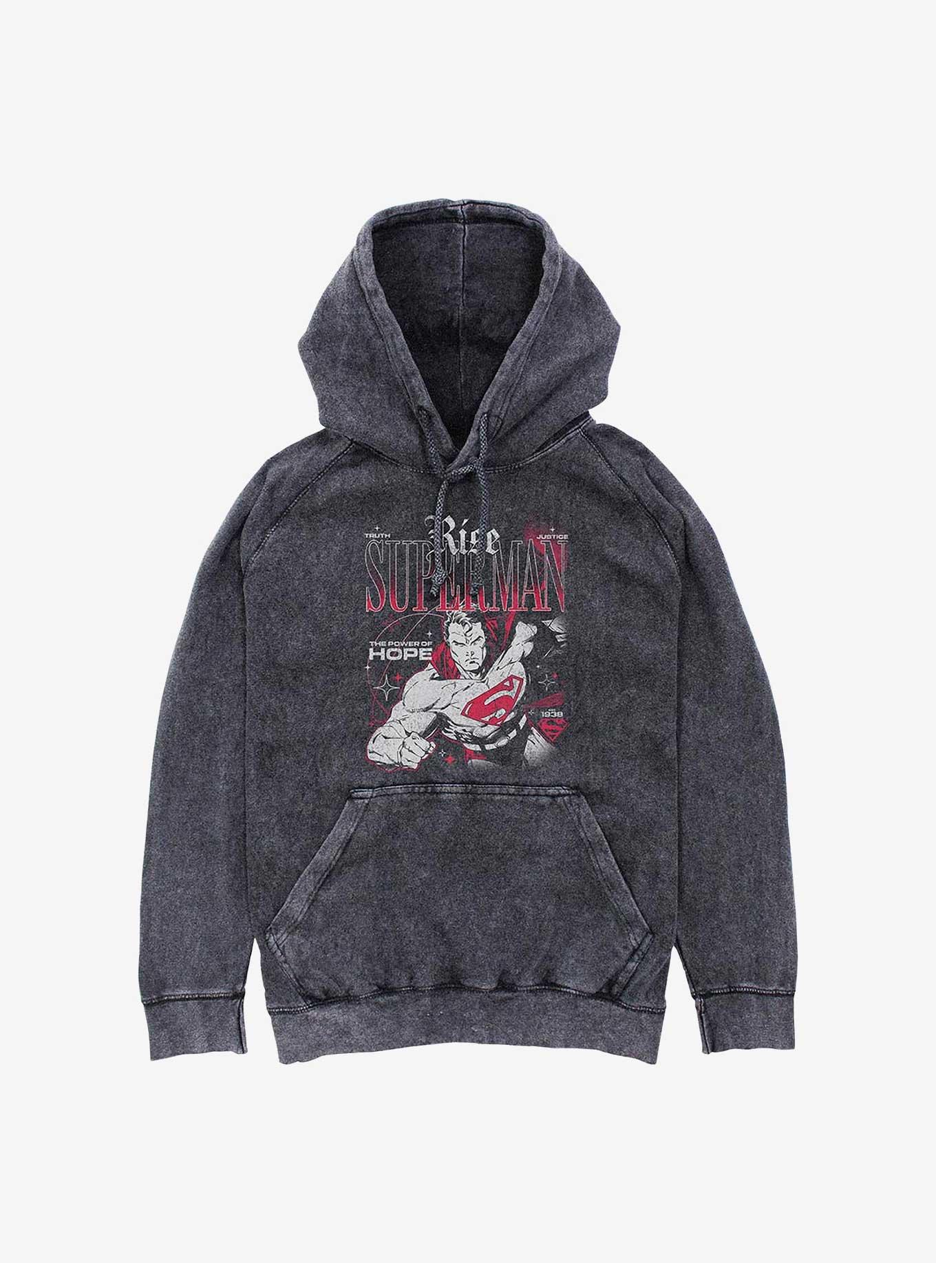DC Comics Superman Rise Truth Justice Hope Mineral Wash Hoodie Hot Topic Web Exclusive, BLACK, hi-res