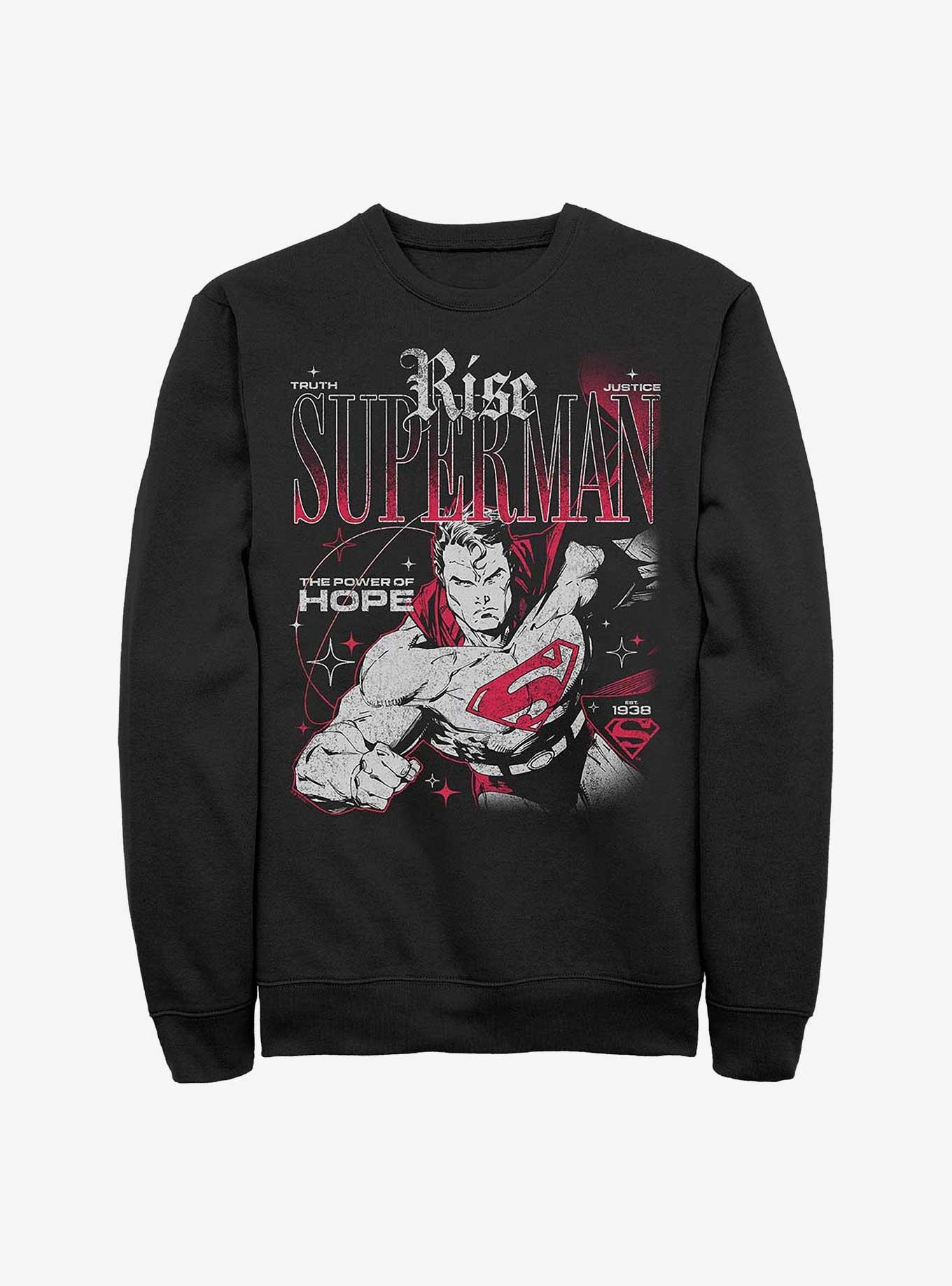 DC Comics Superman Rise Truth Justice Hope Sweatshirt Hot Topic Web Exclusive, BLACK, hi-res